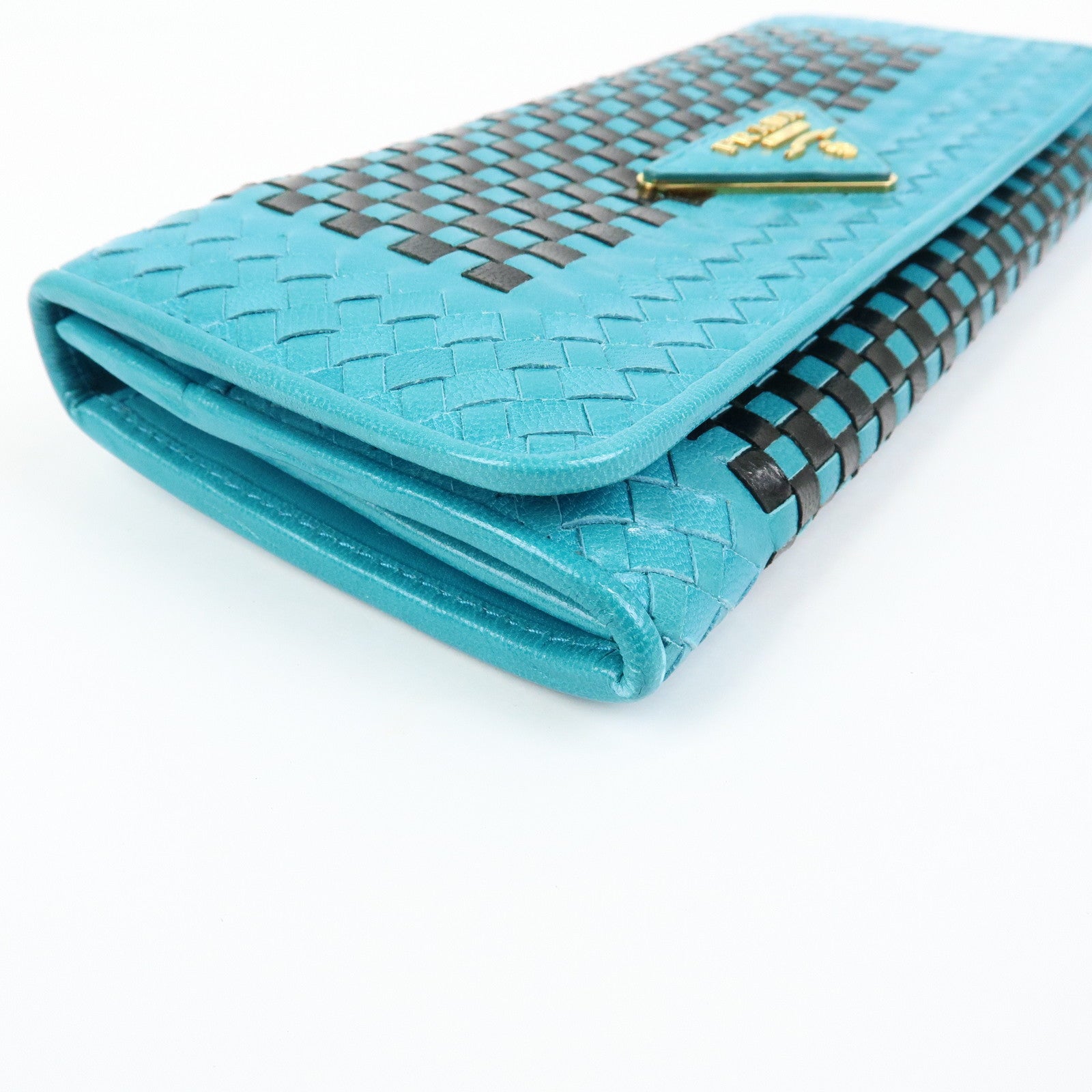 PRADA Triangle Logo Leather Long Wallet Blue Black