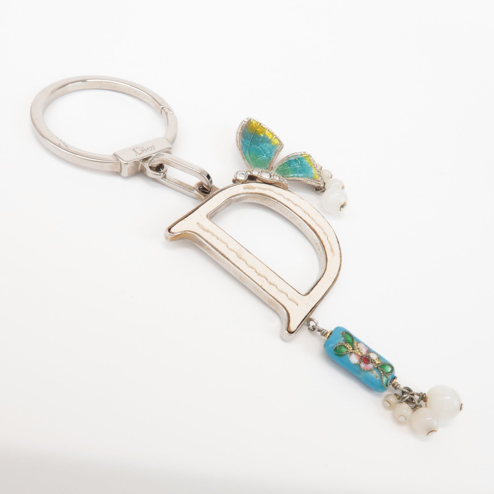 Christian Dior Metal Leather Butterfly Bag Charm Key Chain White