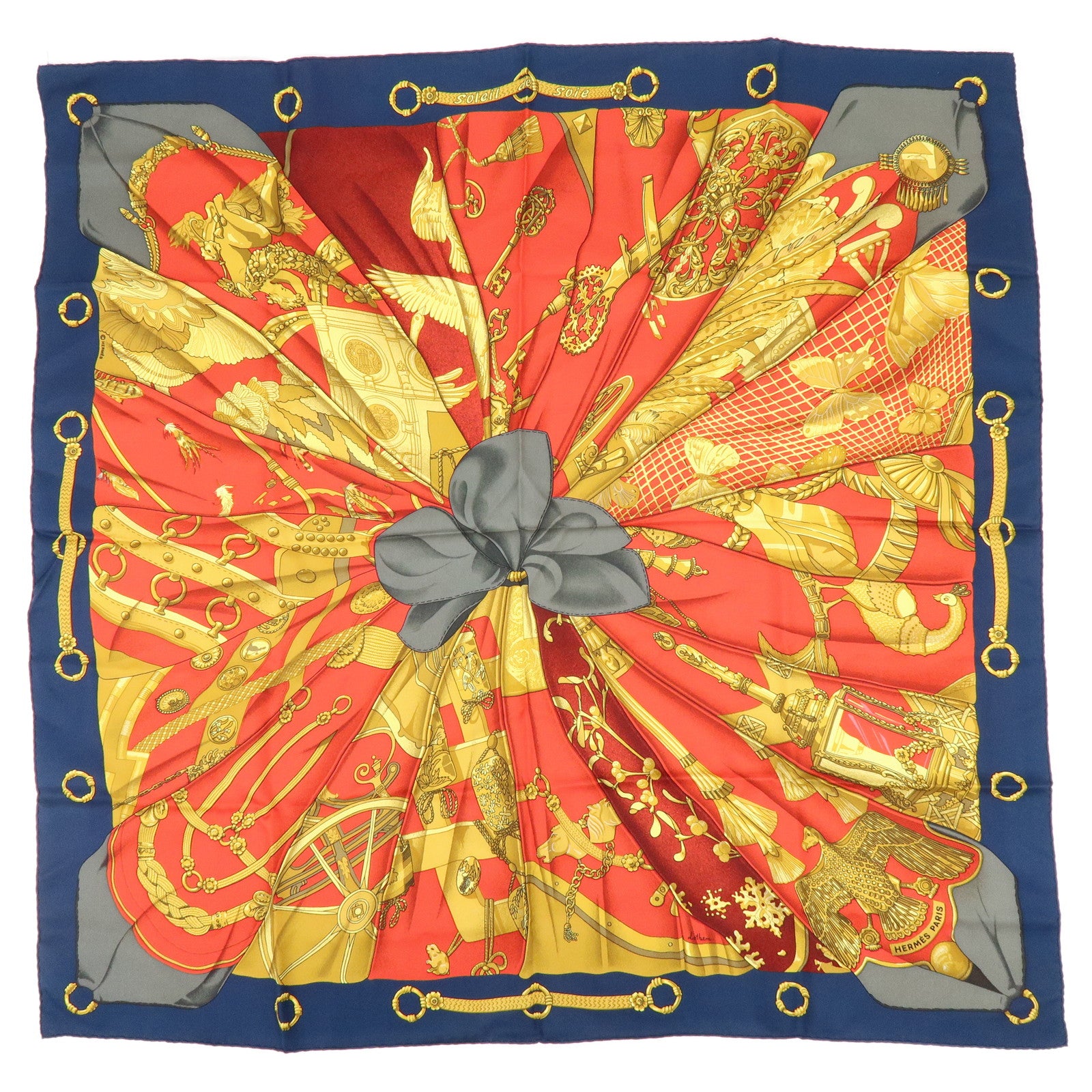 HERMES Carre 90 Silk 100% Soleil de Soie Scarf Gold Red Navy