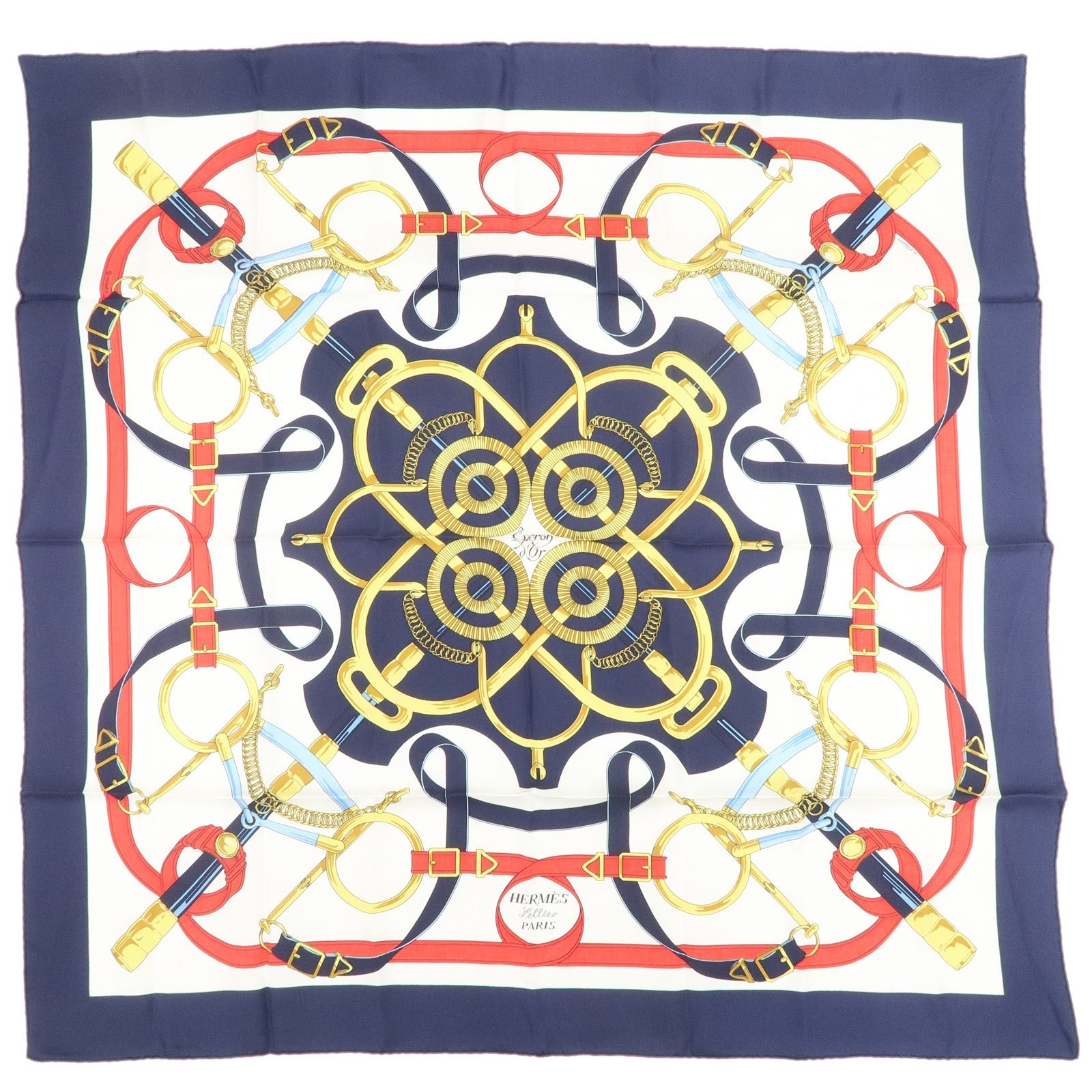 HERMES Carre 90 Silk 100% Eperon d'or Scarf White Navy