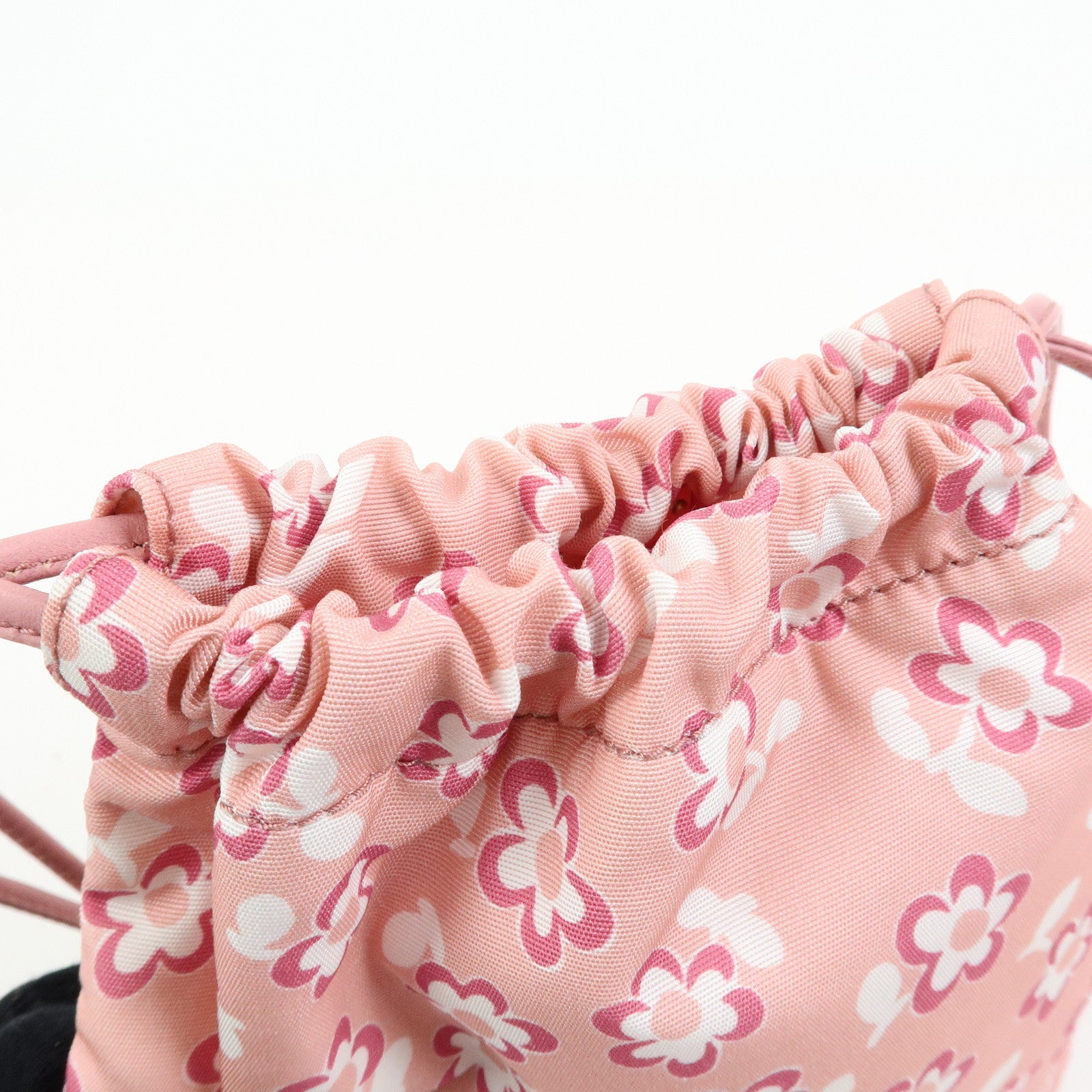 MIU MIU Logo Nylon Leather Drawstring Pouch Flower Motif 5NG003