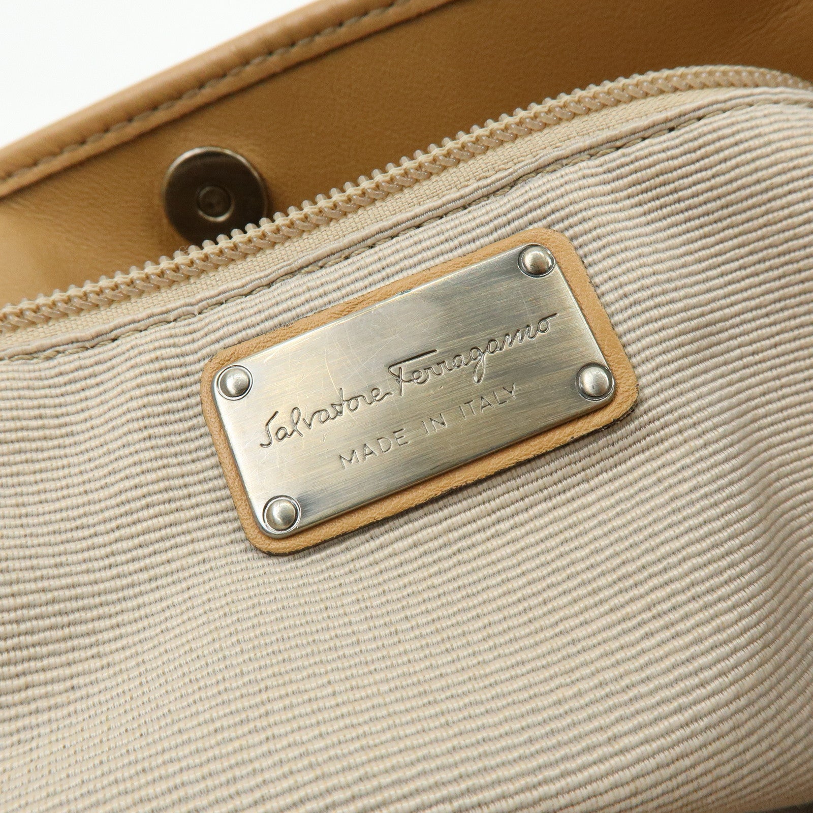Ferragamo Gancini Canvas Leather Tote Bag Shoulder Bag Natural