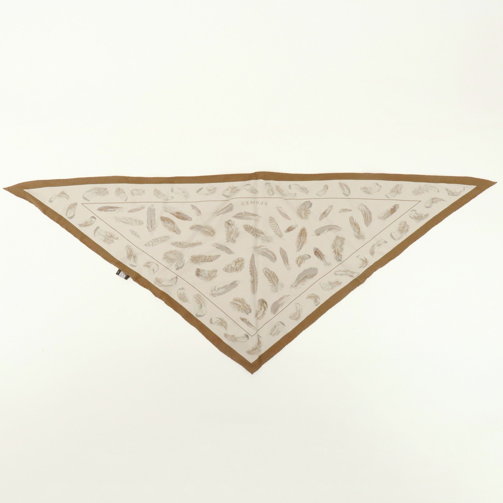 HERMES Pointu Silk 100% Scarf PLUMES Feather Print Brown Beige