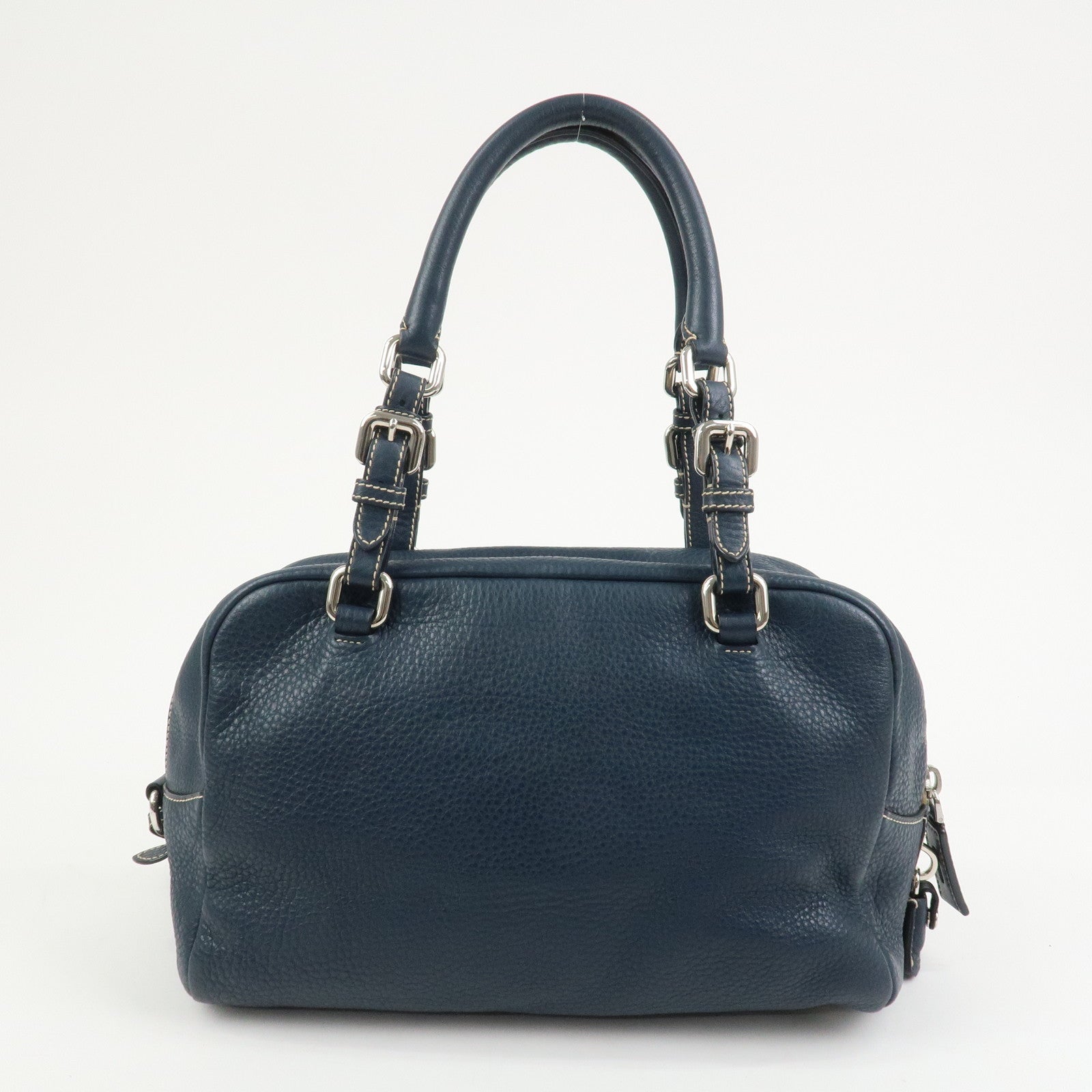PRADA Logo Leather Boston Bag Hand Bag Navy BR3091