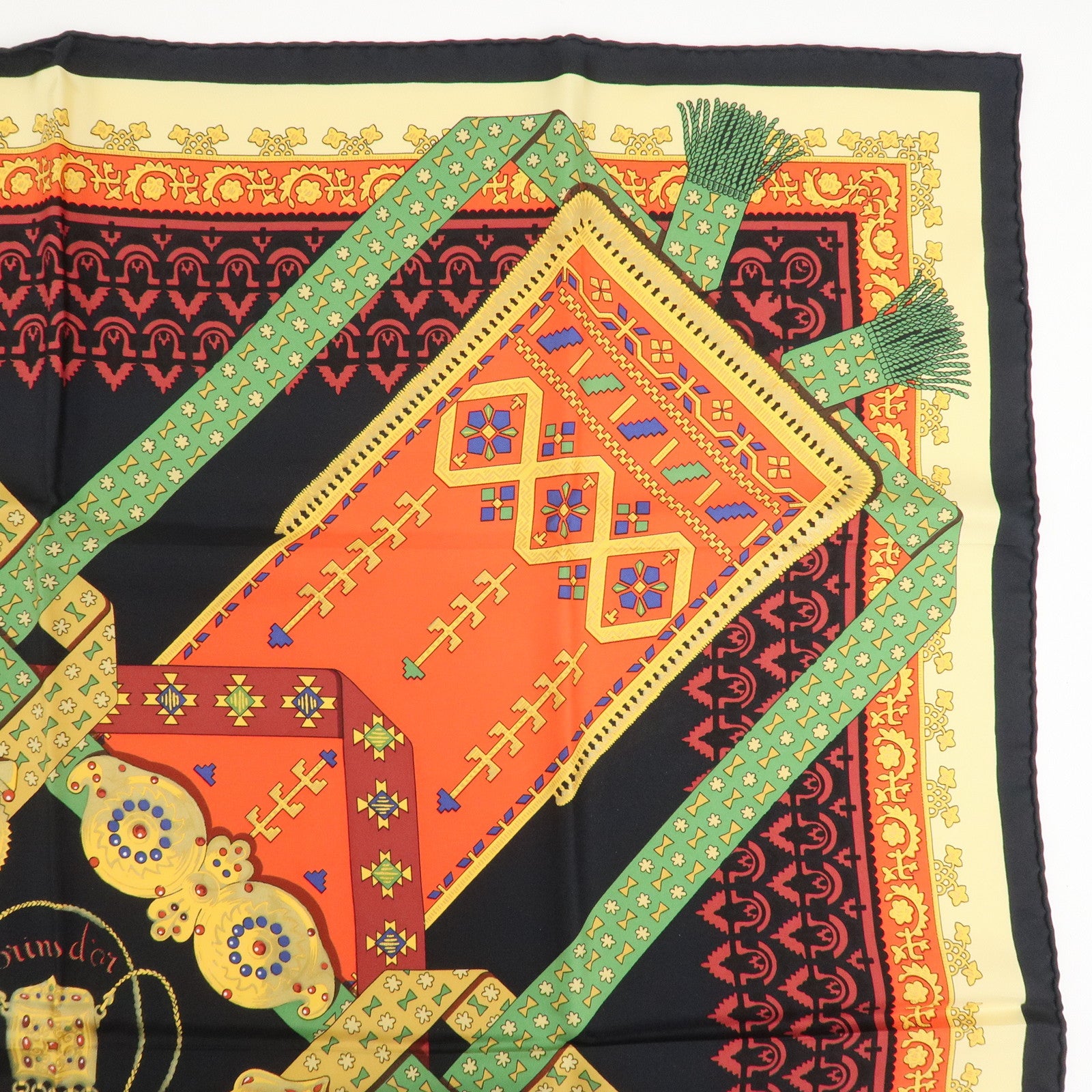 HERMES Carre 90 Silk 100% Scarf  Brins d'or Black Red