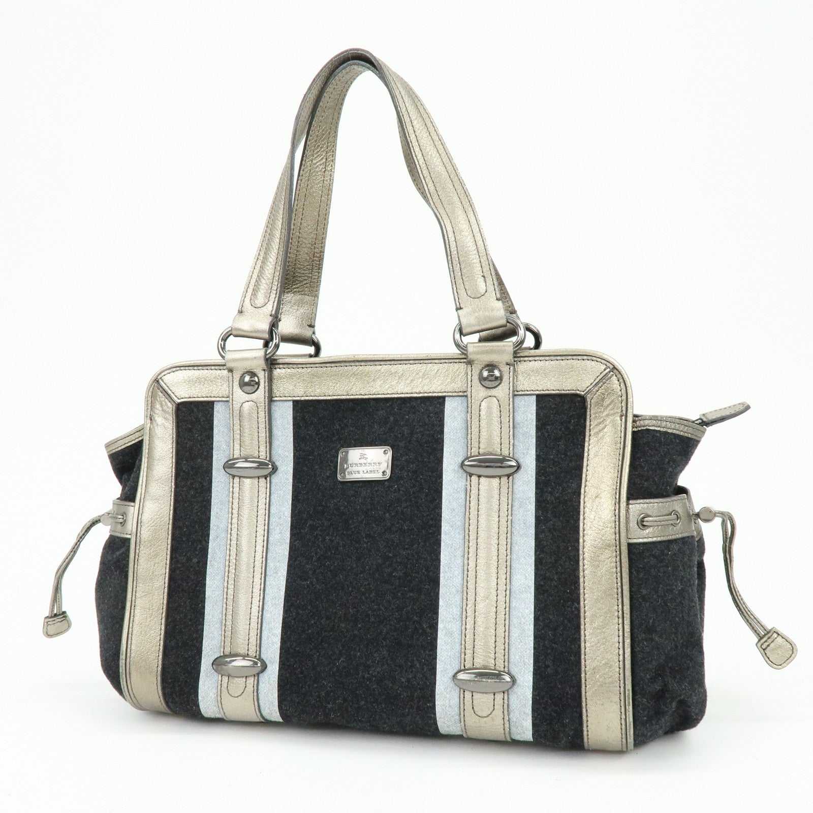 BURBERRY Blue Label Wool Leather Tote Bag Shoulder Bag Black Gold