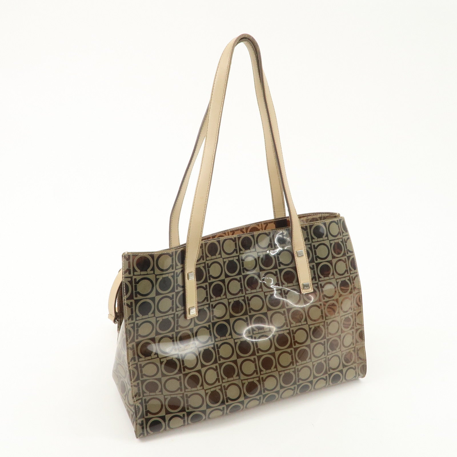 Ferragamo Gancini Vinyl Tote Bag Hand Bag Beige Khaki Silver HDW Used