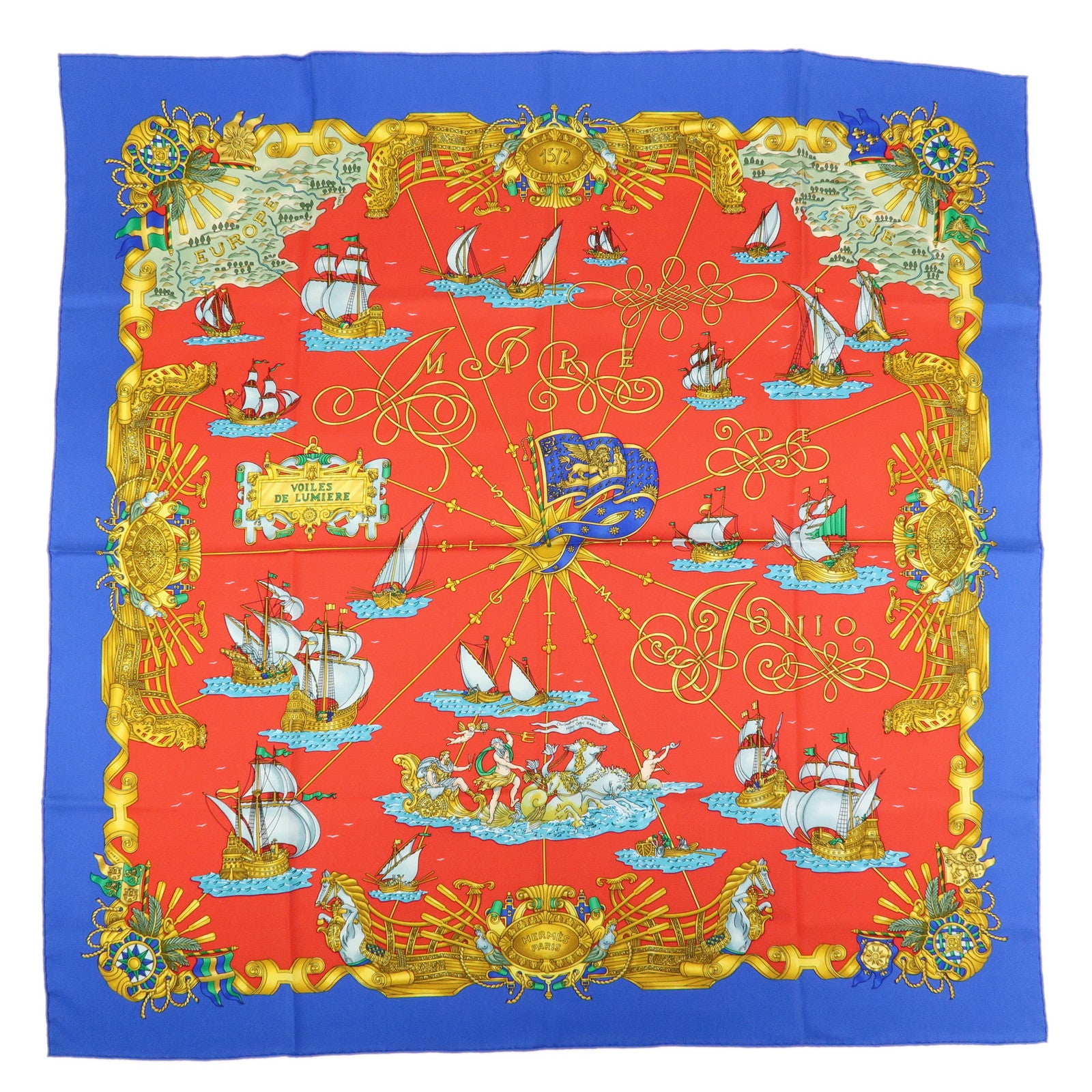 HERMES Carre 90 Silk 100% VOILES DE LUMIERE Scarf Red Blue