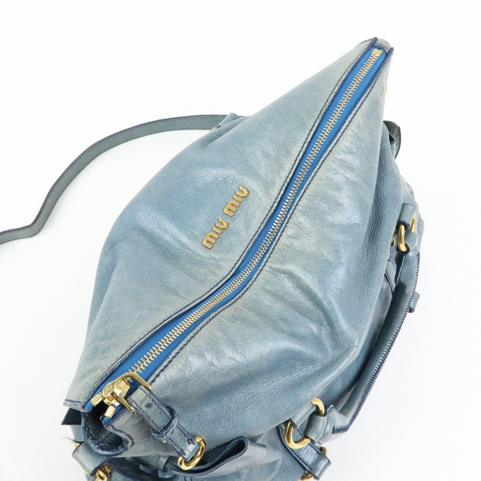 MIU MIU Side Ribbon Vittello Lux 2Way Bag Hand Shoulder Bag Blue