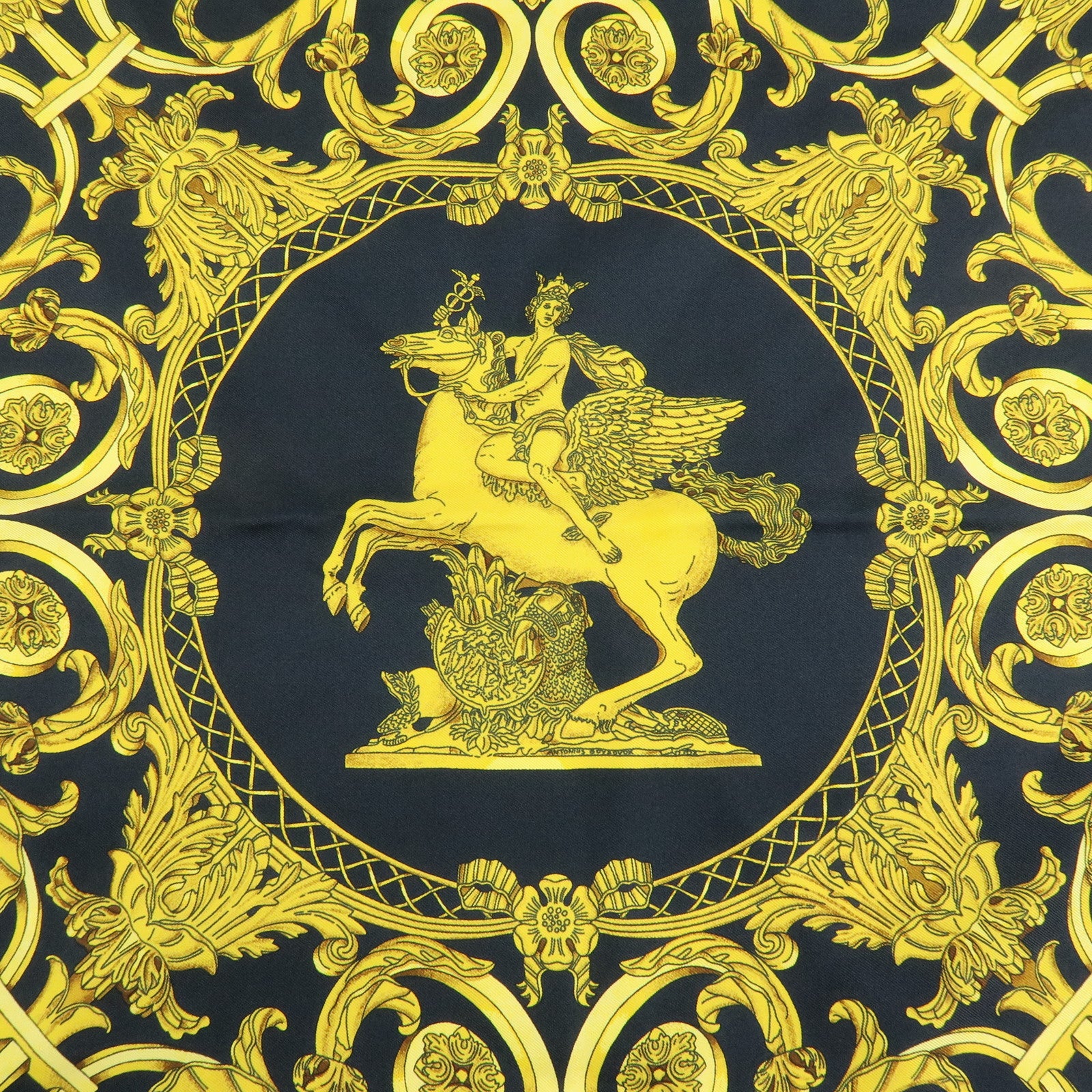 HERMES Carre 90 Silk 100% Scarf LES TUILERIES Black Gold