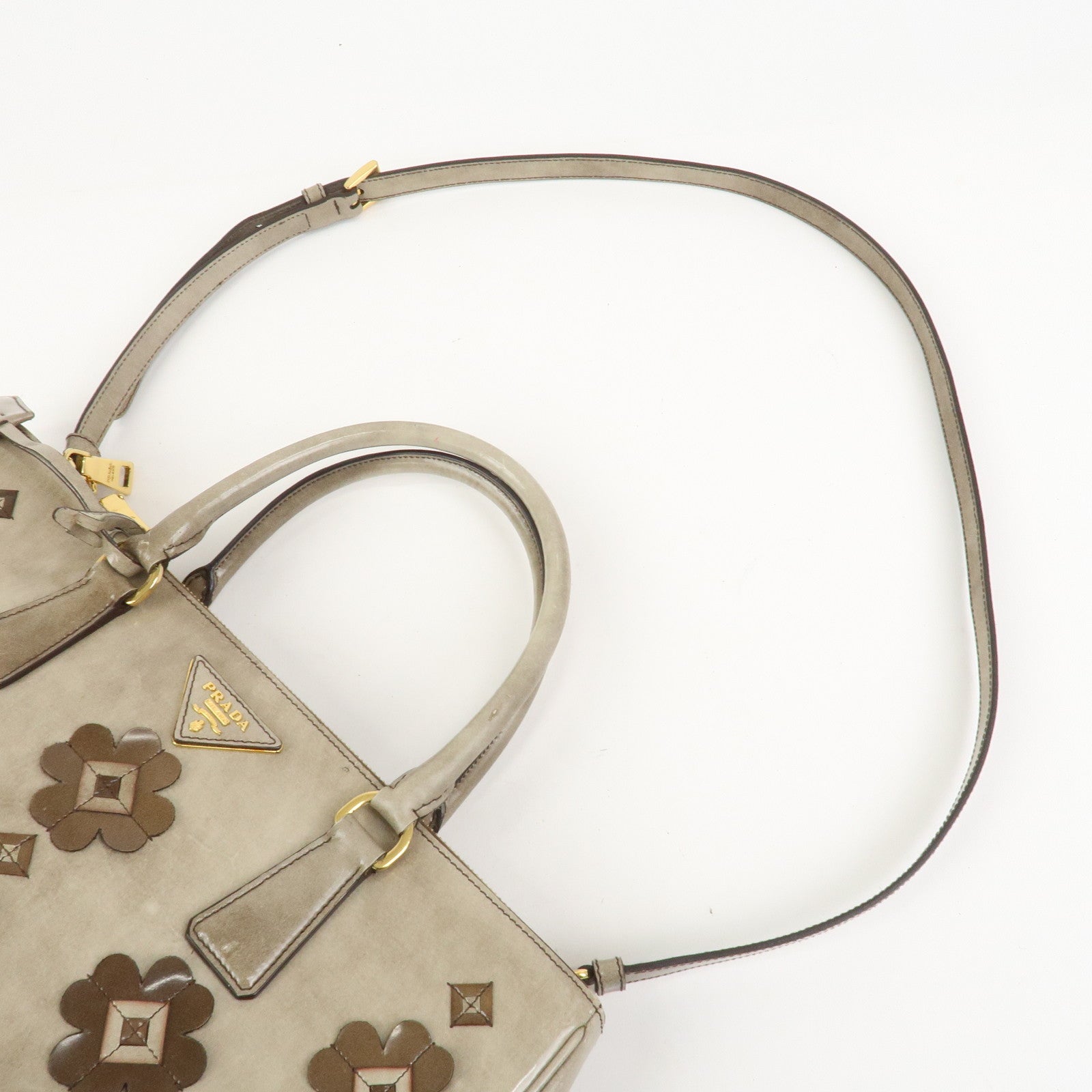 PRADA Patent Leather Flower Galleria 2Way Tote Bag Greige BB2274F