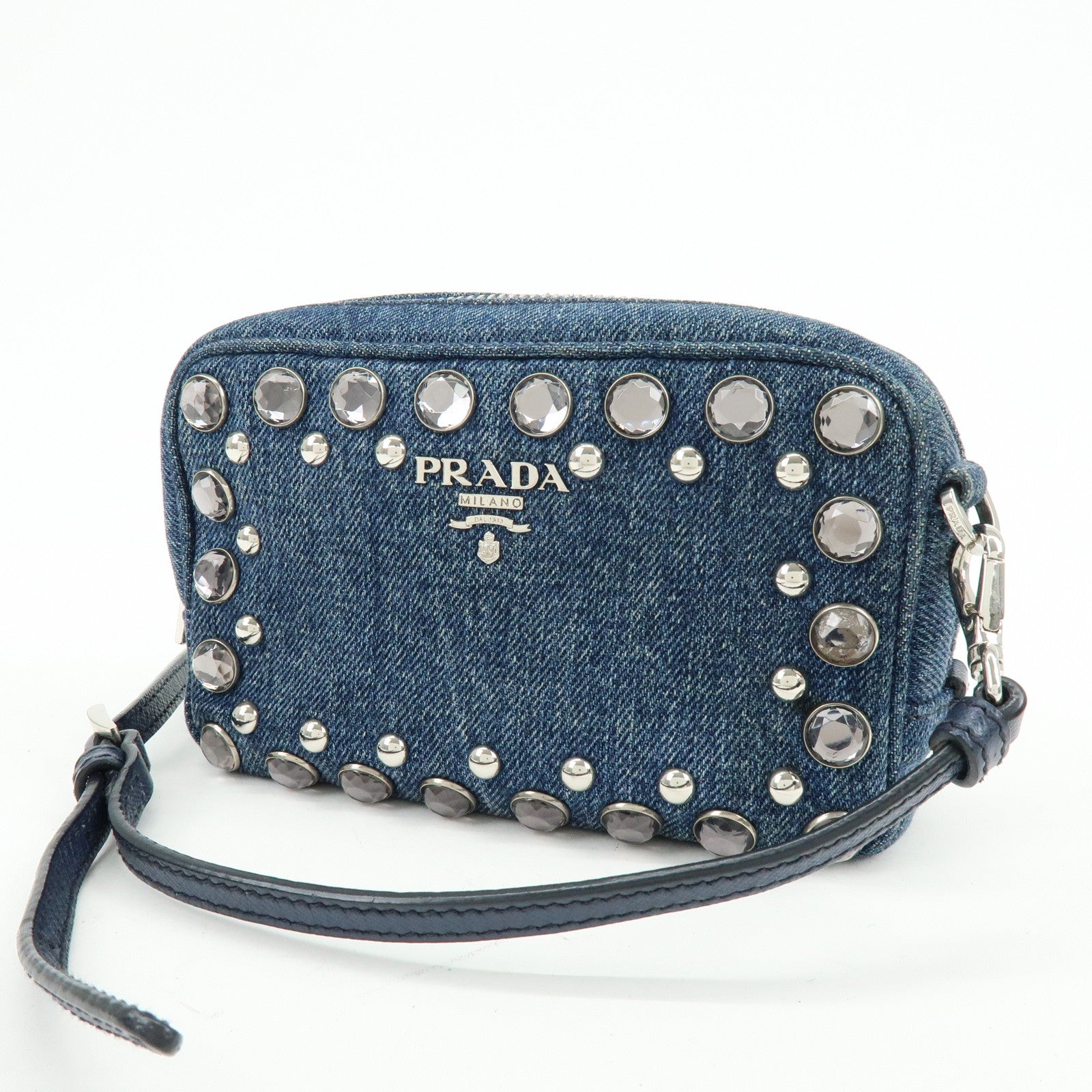 PRADA Logo Denim Shoulder Bag Crossbody Bag Rhinestone Blue