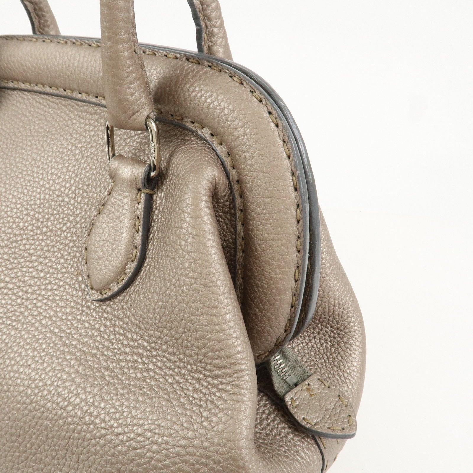 FENDI Selleria Logo Leather Boston Bag Hand Bag Greige 8BN127