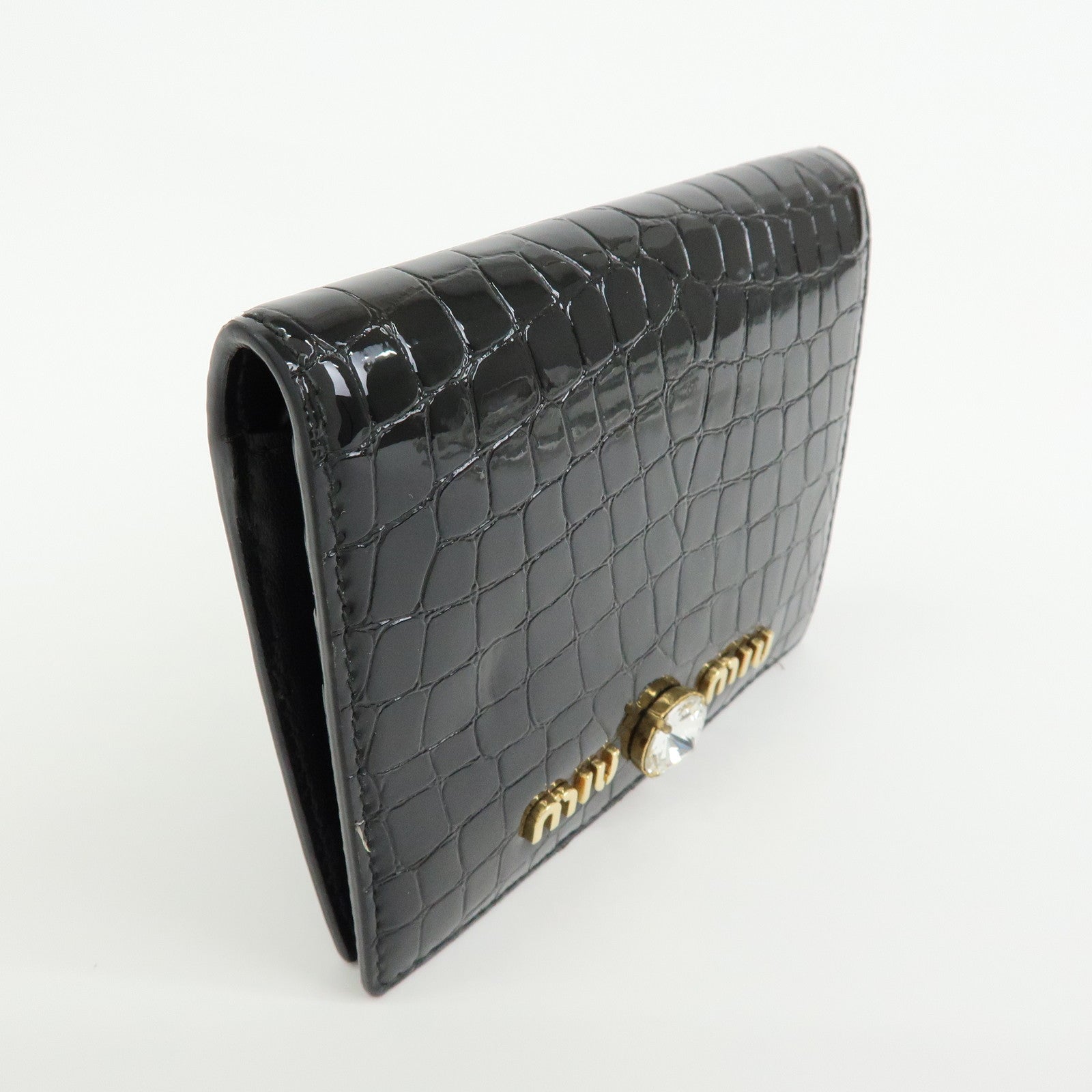 MIU MIU Embossed Patent Leather Bi-fold Compact Wallet Black 5MV204