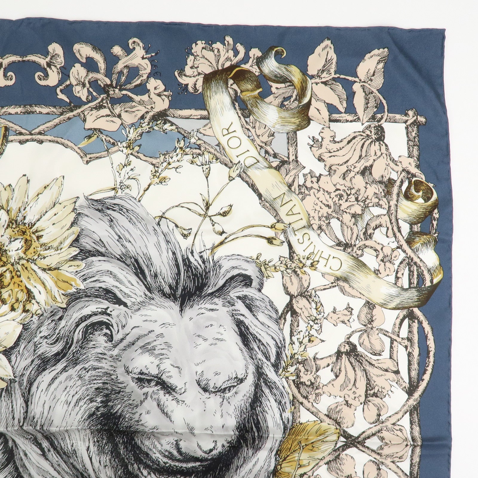 Christian Dior Logo Silk 100% Lion Flowers Scarf White Navy