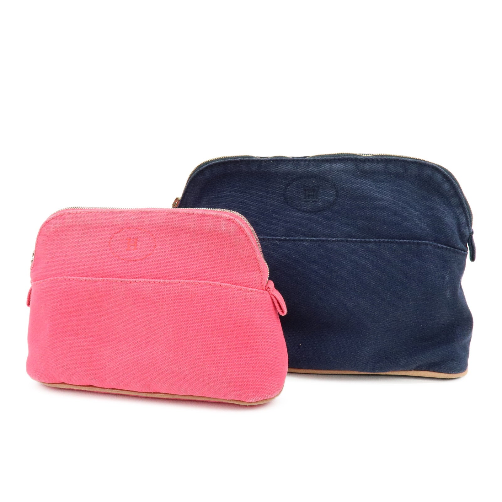HERMES Bolide Set of 2 Cotton Leather Pouch Cosmetic Case Navy Pink