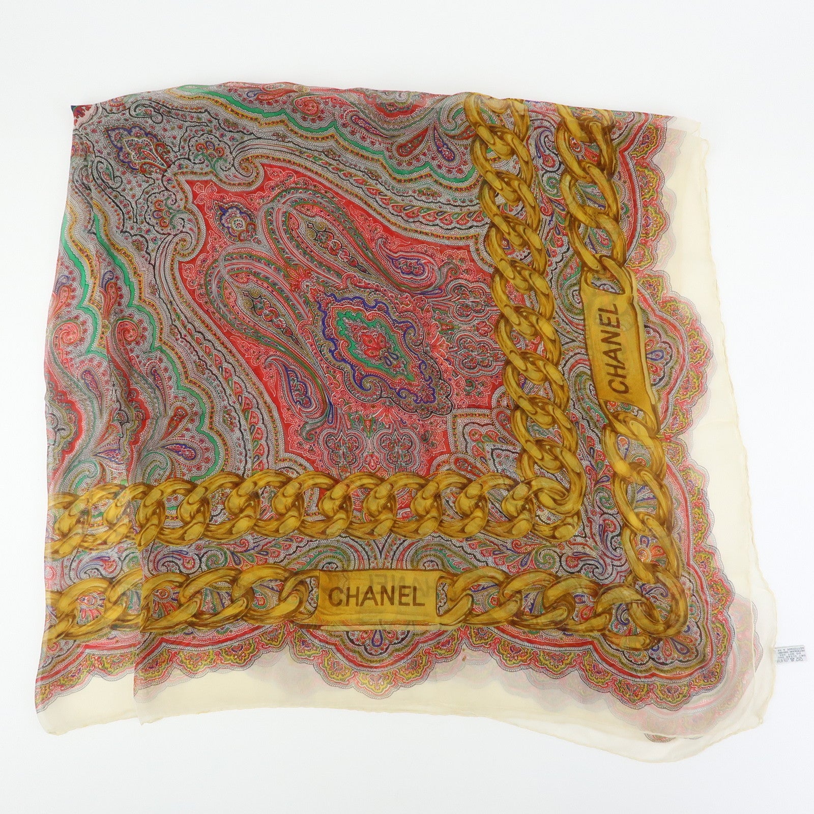 CHANEL Silk 100% Paisley Chain Pattern Scarf Gold Red