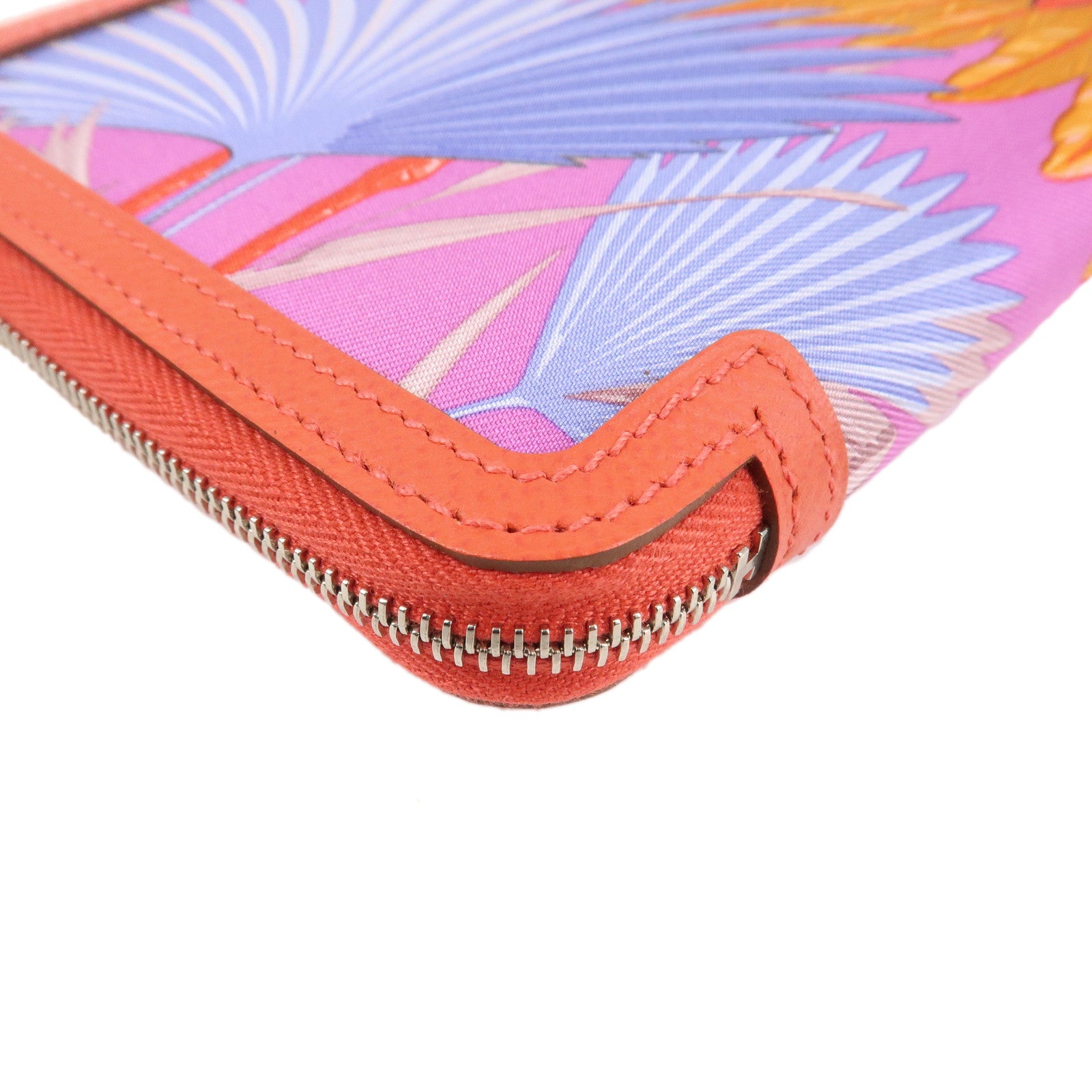 HERMES Soie Cool Flamingo Party Silk Leather Wallet Rose Gype Used