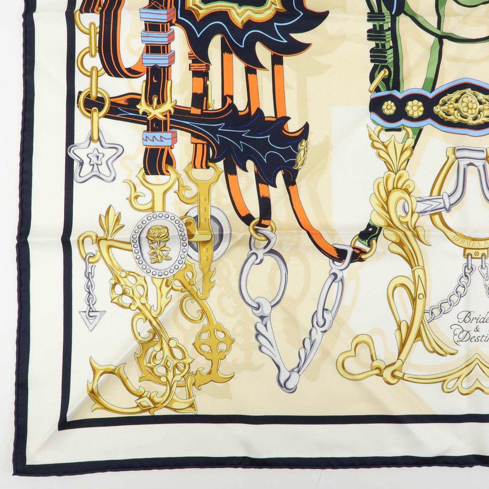 HERMES Carre 90 Silk 100% Scarf BRIDES ET DESTIN Beige Black Gold