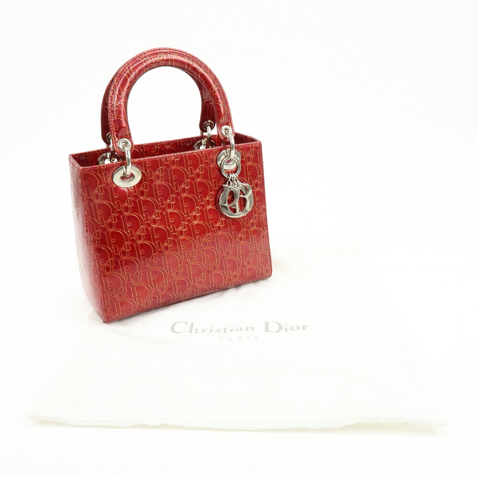 Christian Dior Lady Dior Patent Leather Hand Bag Dior Logo Red