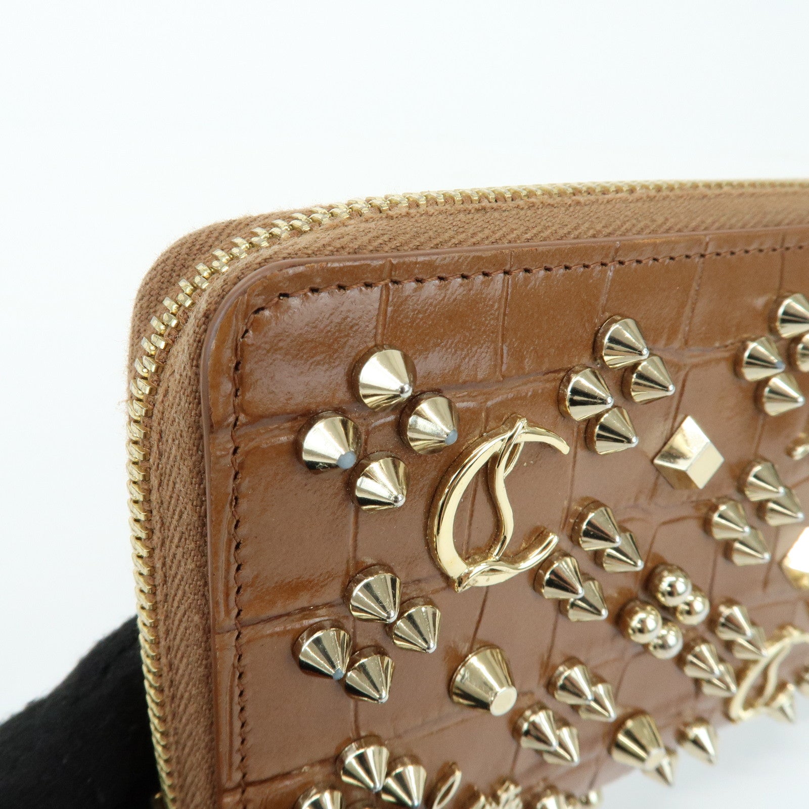 Christian Louboutin Embossed Leather Long Wallet Studs Brown