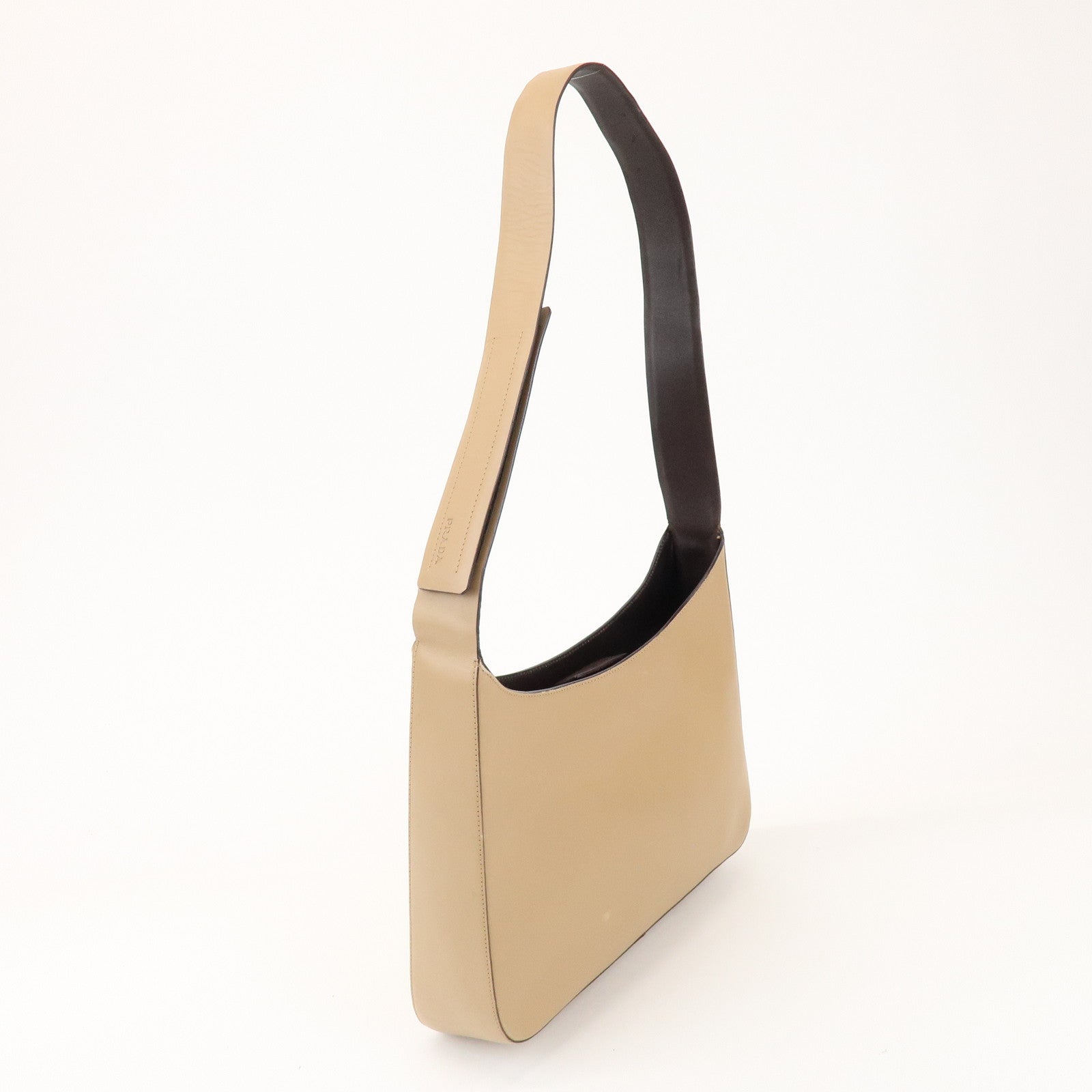PRADA Logo Leather Shoulder Bag Hand Bag Beige