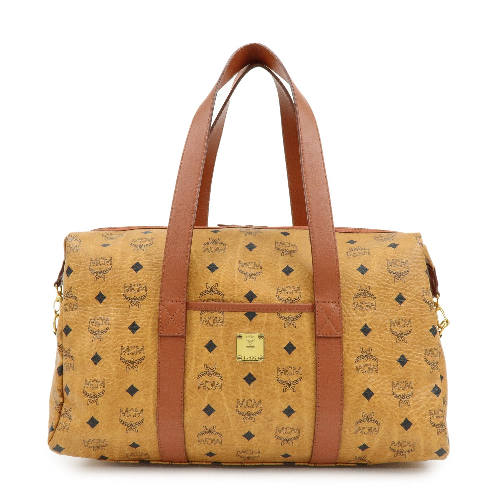 MCM Visetos PVC Leather Tote Bag Boston Bag Hand Bag Cognac Brown