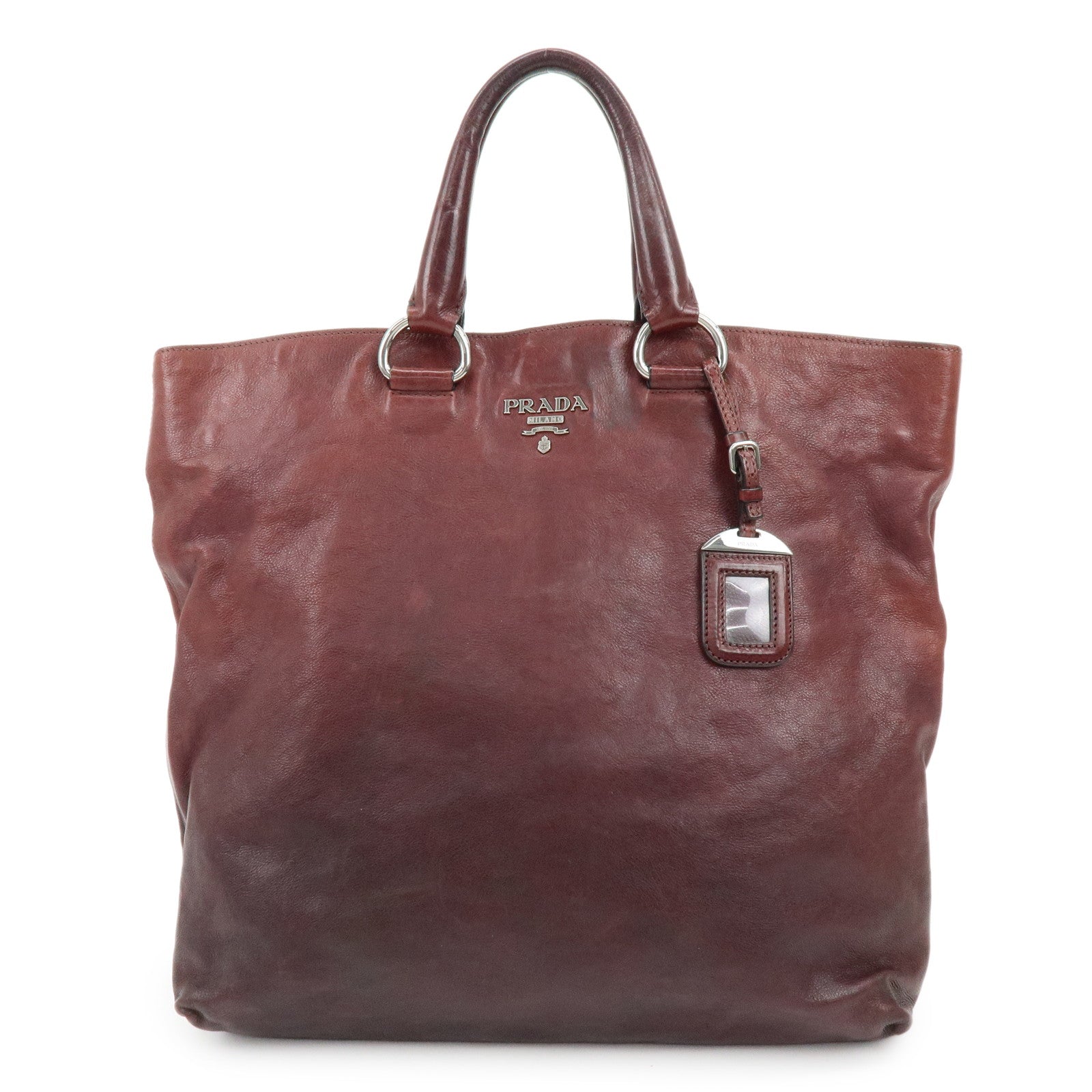 PRADA Triangle Logo Gradation Leather Tote Bag Hand Bag Bordeaux
