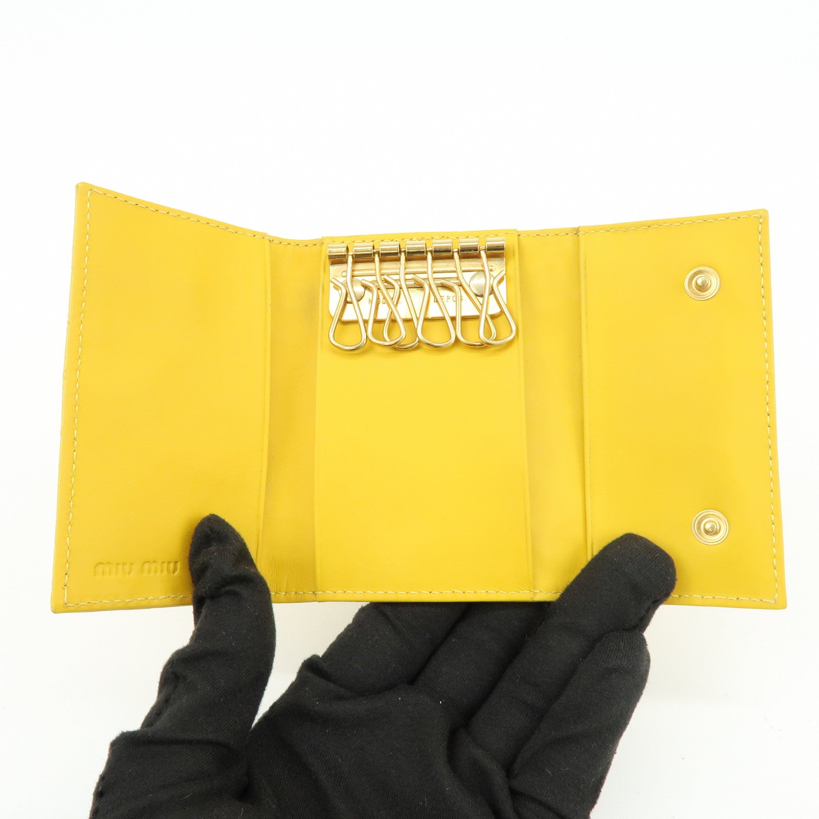 MIU MIU Embossed Leather Key Case Key Holder Yellow 5M0222