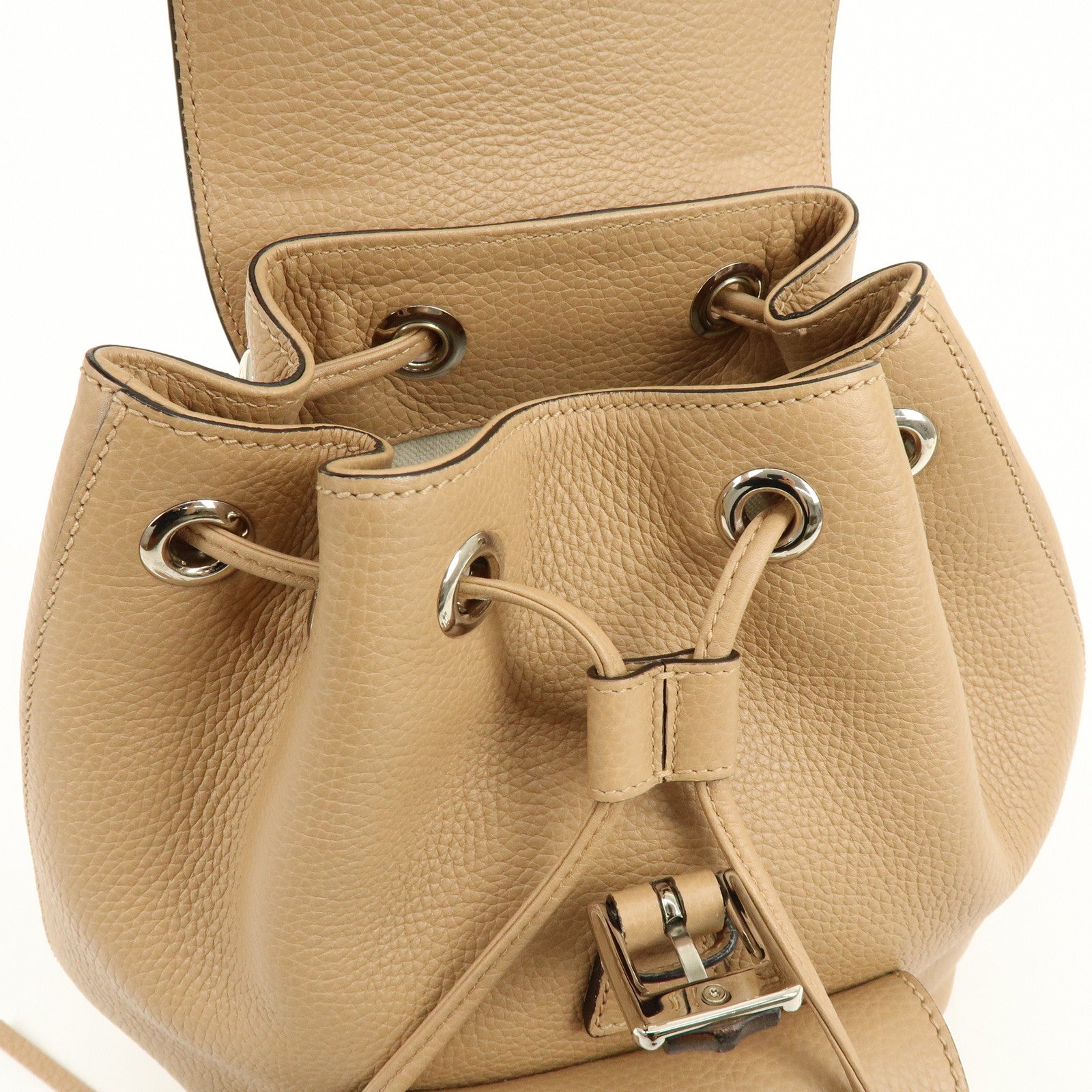 GUCCI Bamboo Tassel Leather Backpack Rucksack Beige 387149