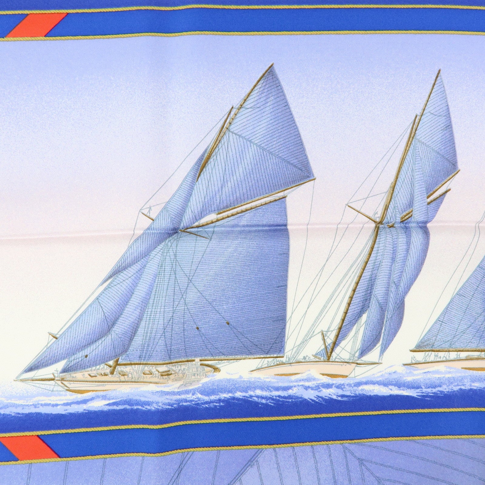 HERMES Carre 90 Silk 100% Scarf RAFALES Ship Print Blue Red