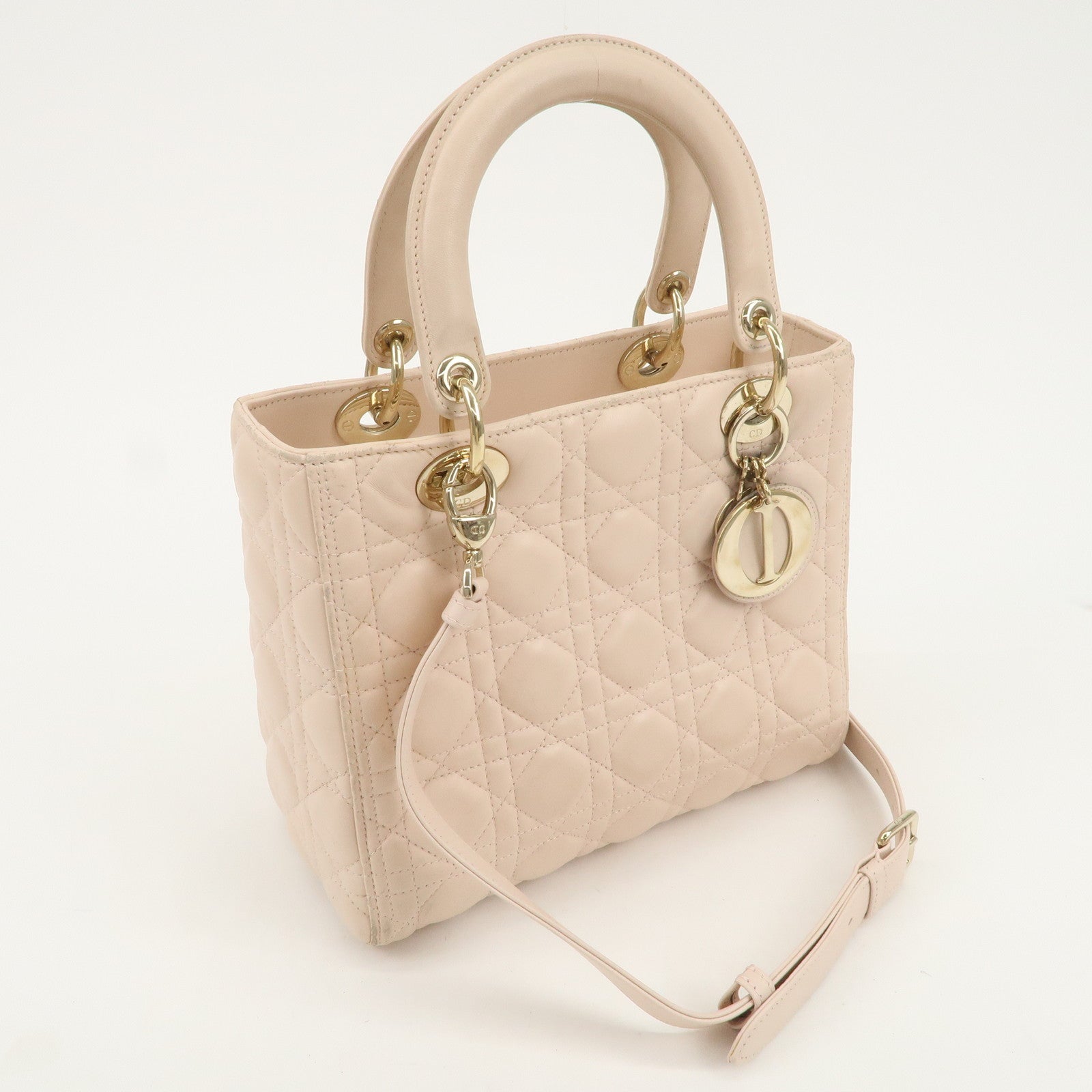 Christian Dior Cannage Leather 2Way Bag Shoulder Bag Pink Beige Used