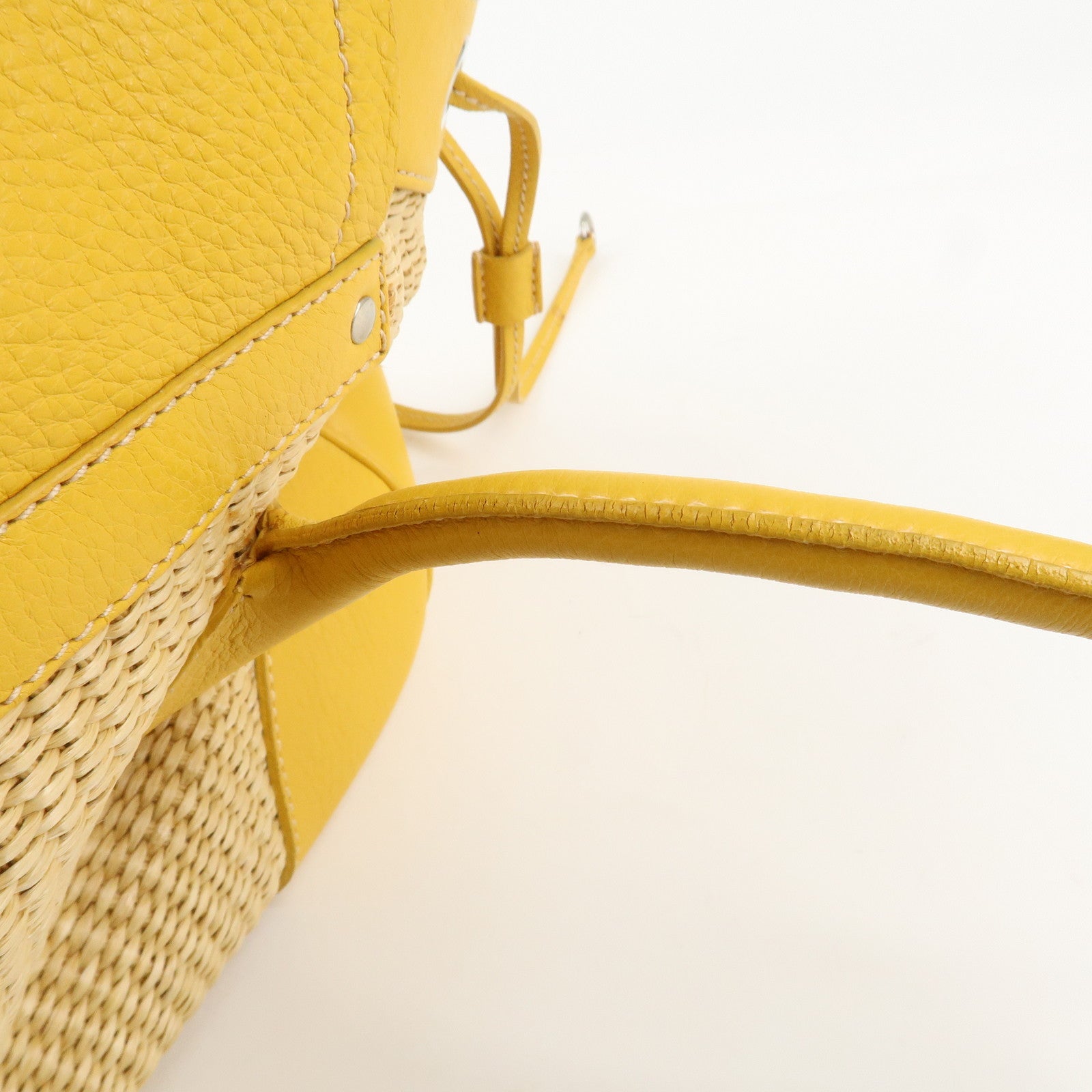 PRADA Triangle Logo Leather Raffia Tote Bag Beige Yellow Used
