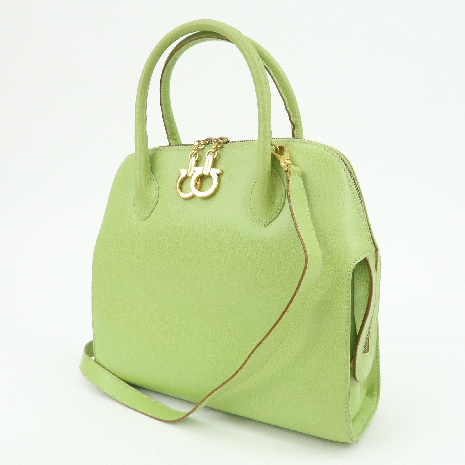 Ferragamo Gancini Leather 2Way Bag Hand Shoulder Bag Light Green