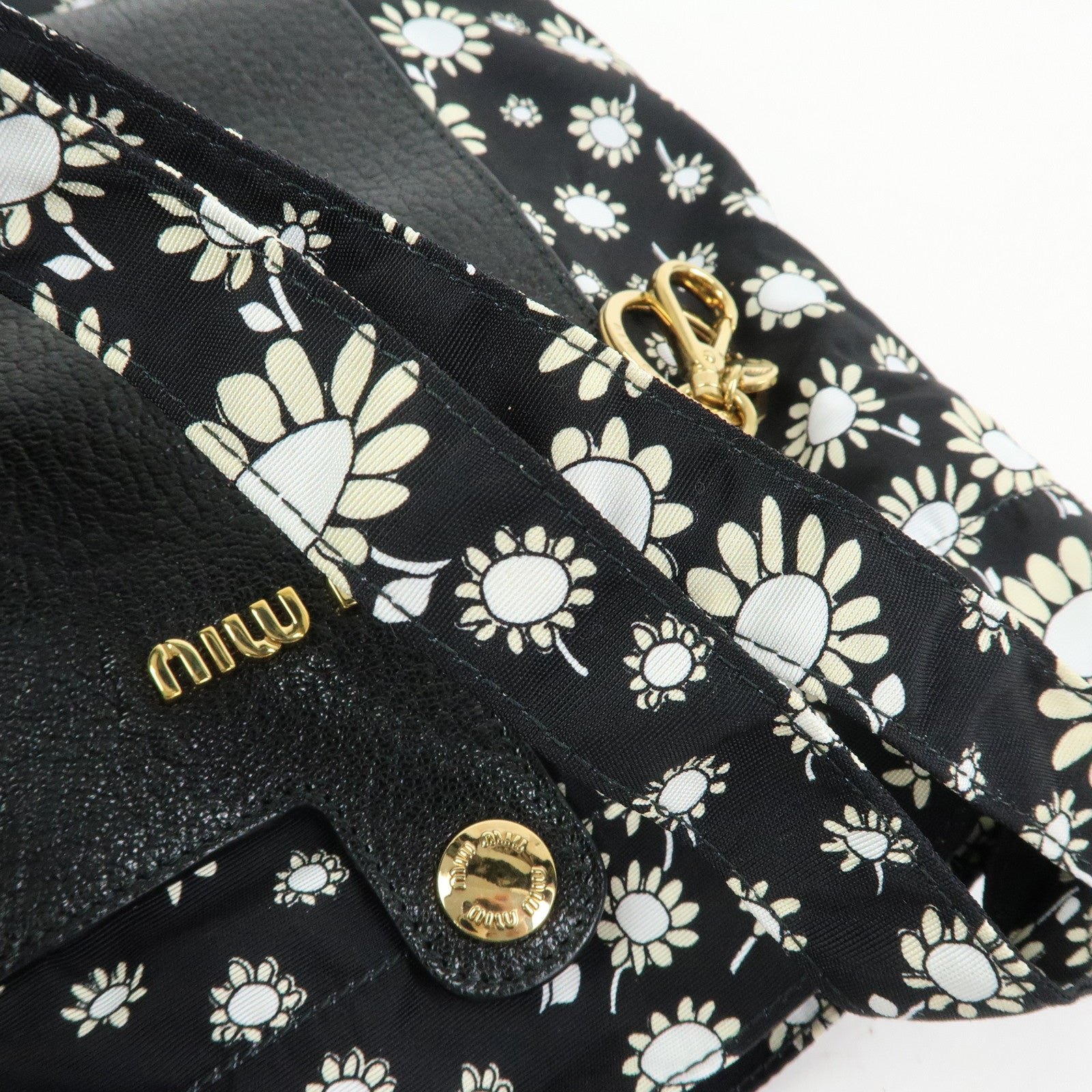 MIU MIU Nylon Leather Tote Bag Eco Bag Hand Bag Flower Print Black