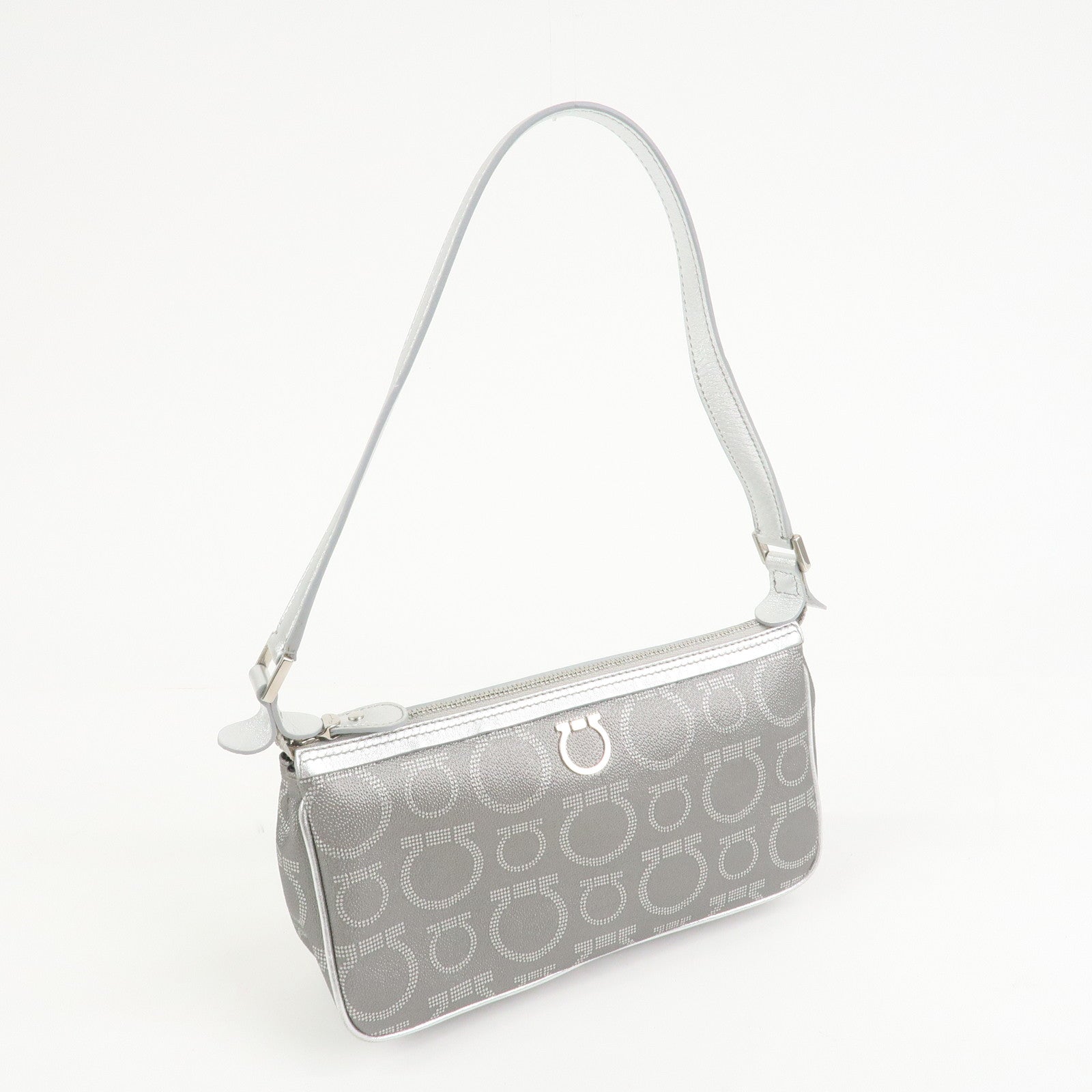 Ferragamo Gancini Logo Leather Shoulder Bag Hand Bag Silver
