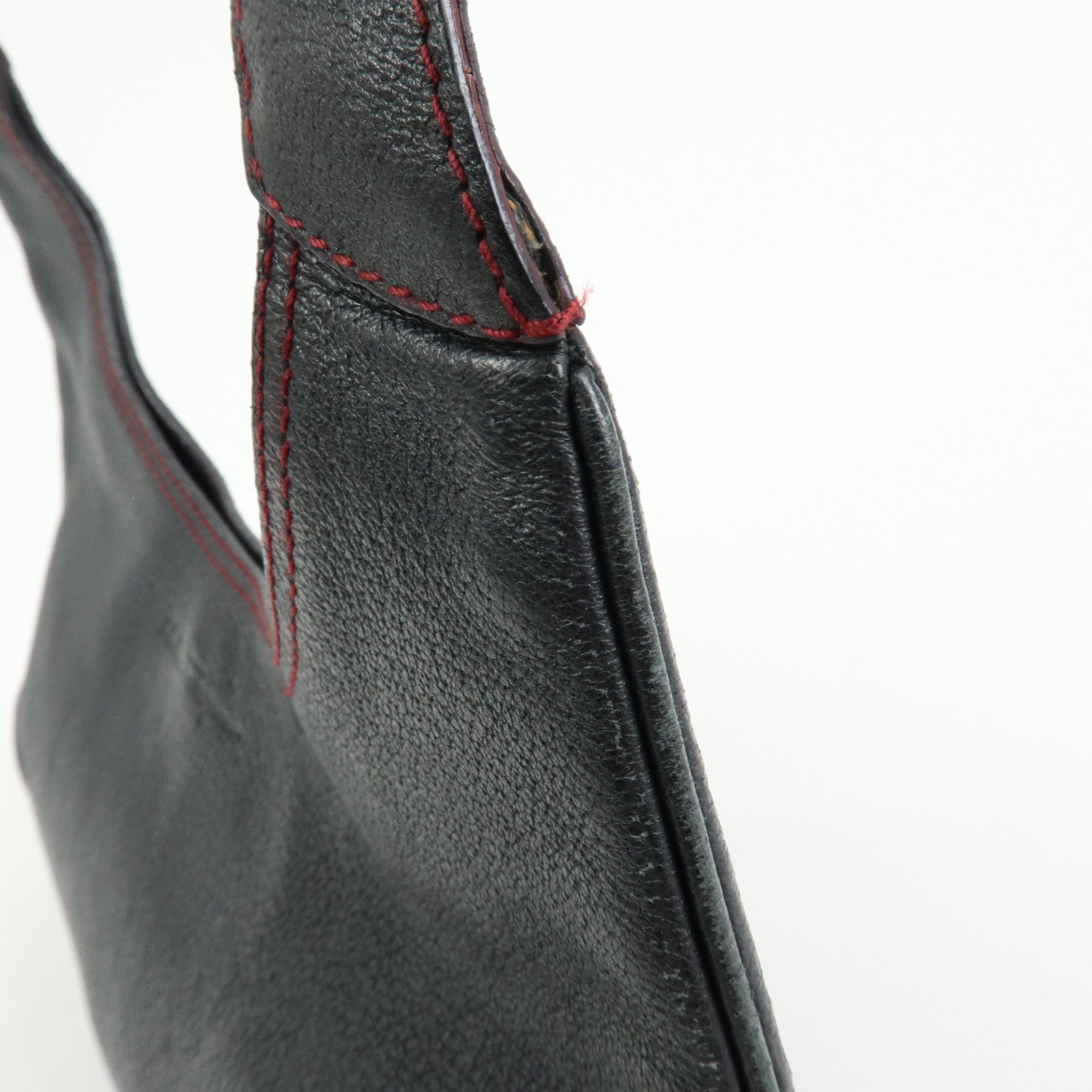 Ferragamo Leather Red Stich Shoulder Bag Hand Bag Black
