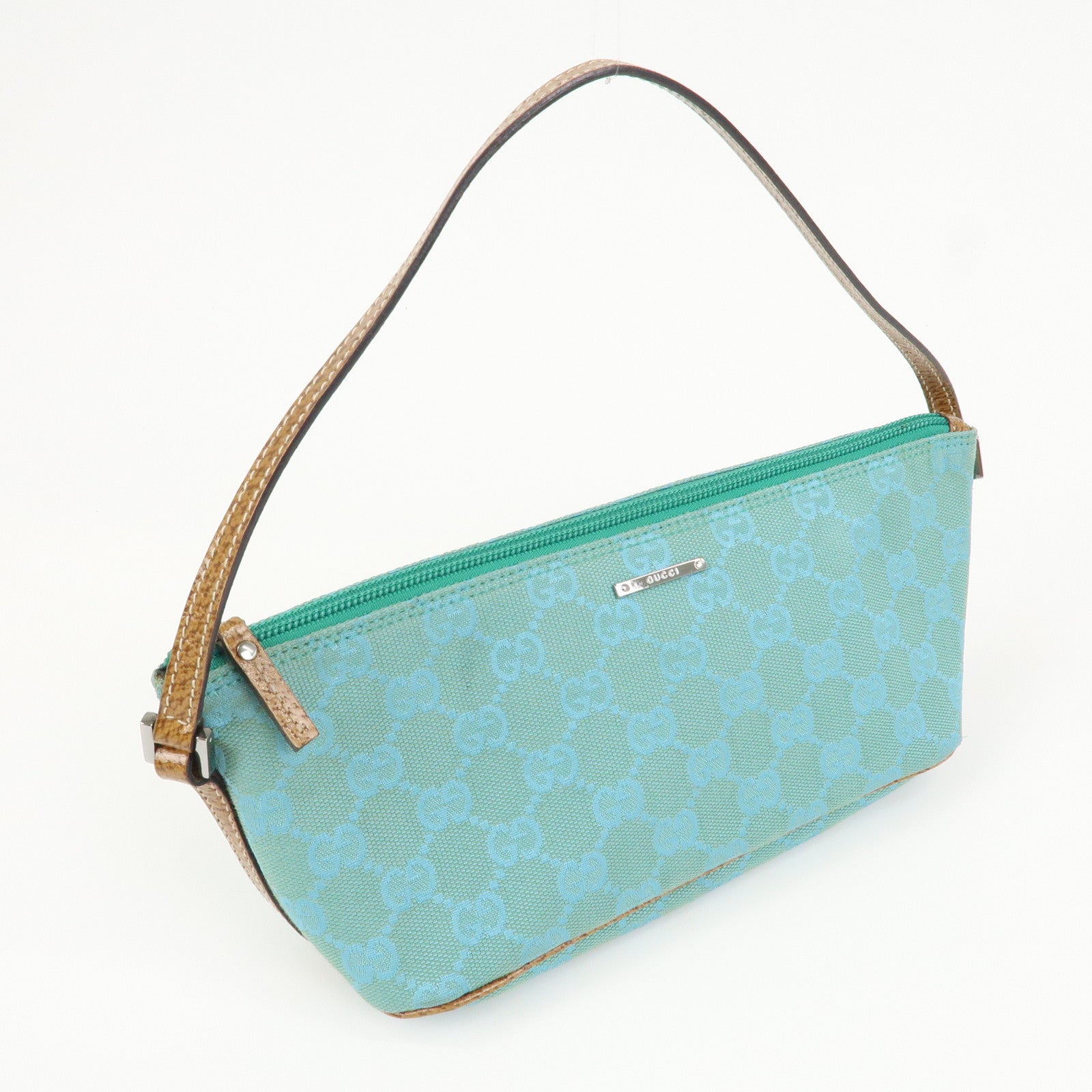 GUCCI Boat Bag GG Canvas Leather Hand Bag Pouch Blue 07198