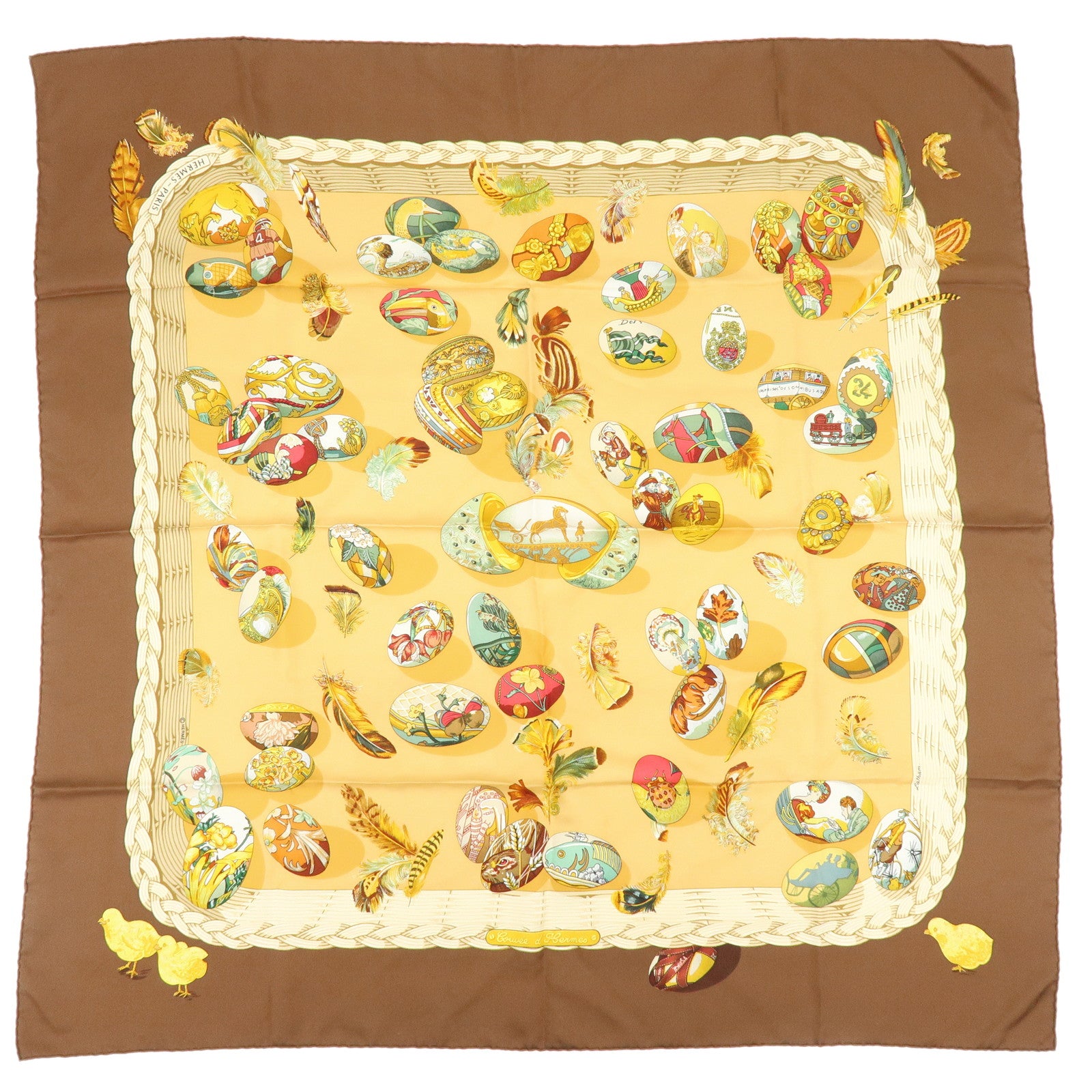 HERMES Carre 90 Silk 100% Scarf COUVEE D HERMES Brown Yellow