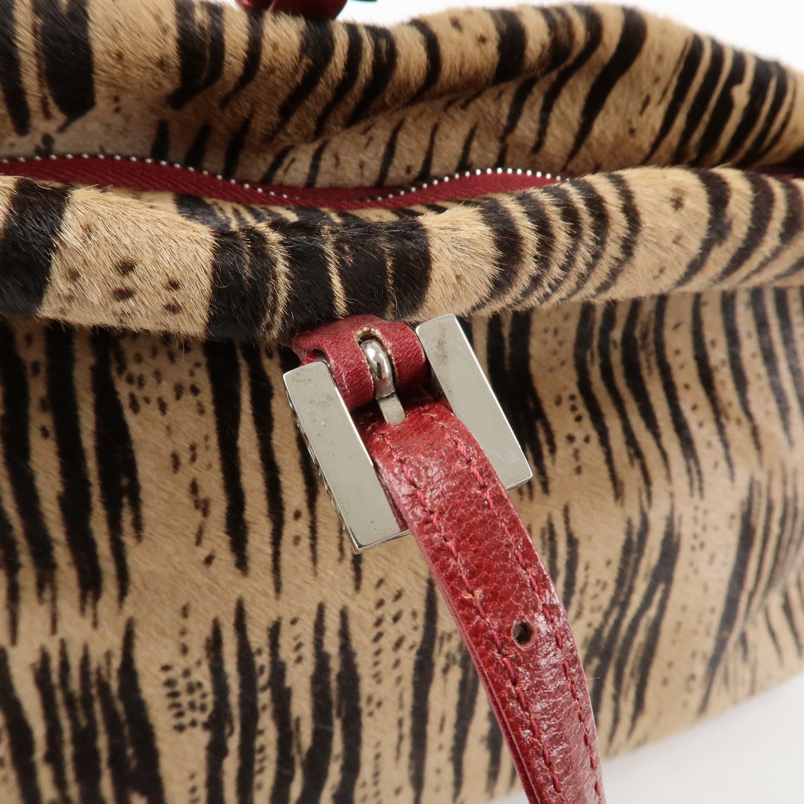 FENDI Leather Unborn Calf Tote Bag Hand Bag Zebra Brown Red Used