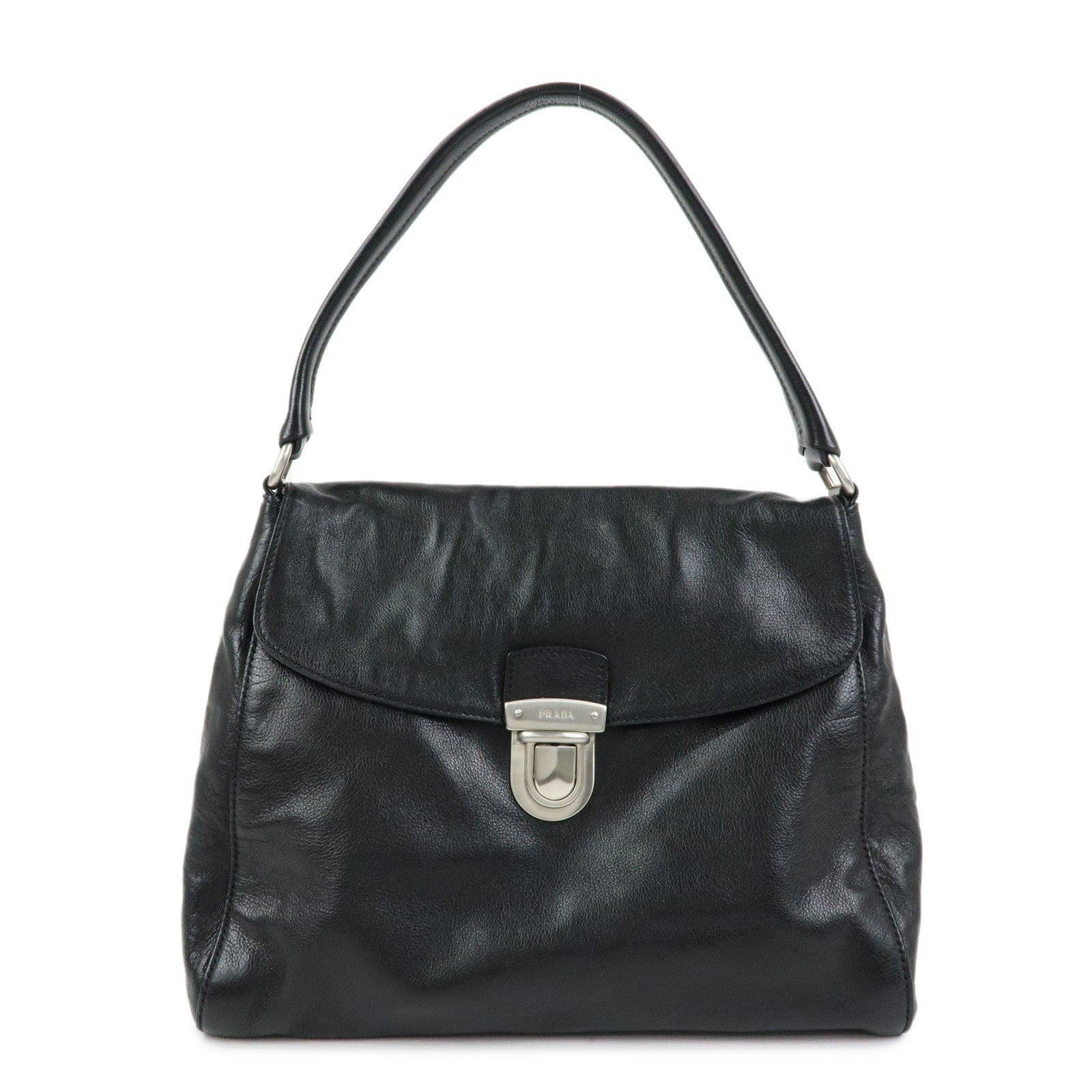 PRADA Triangle Logo Leather Hand Bag Shoulder Bag Black