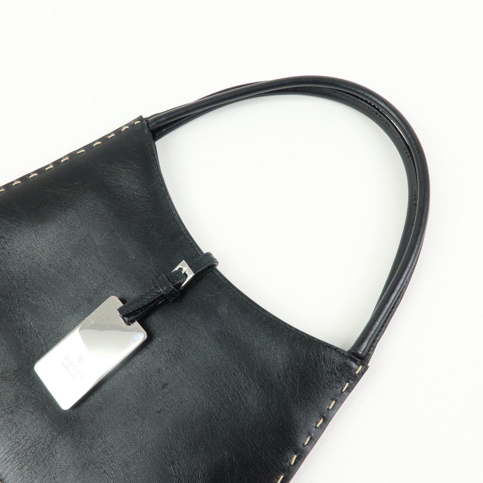 GUCCI Logo Plate Leather Hand Shoulder Bag Black 001・4279・204990
