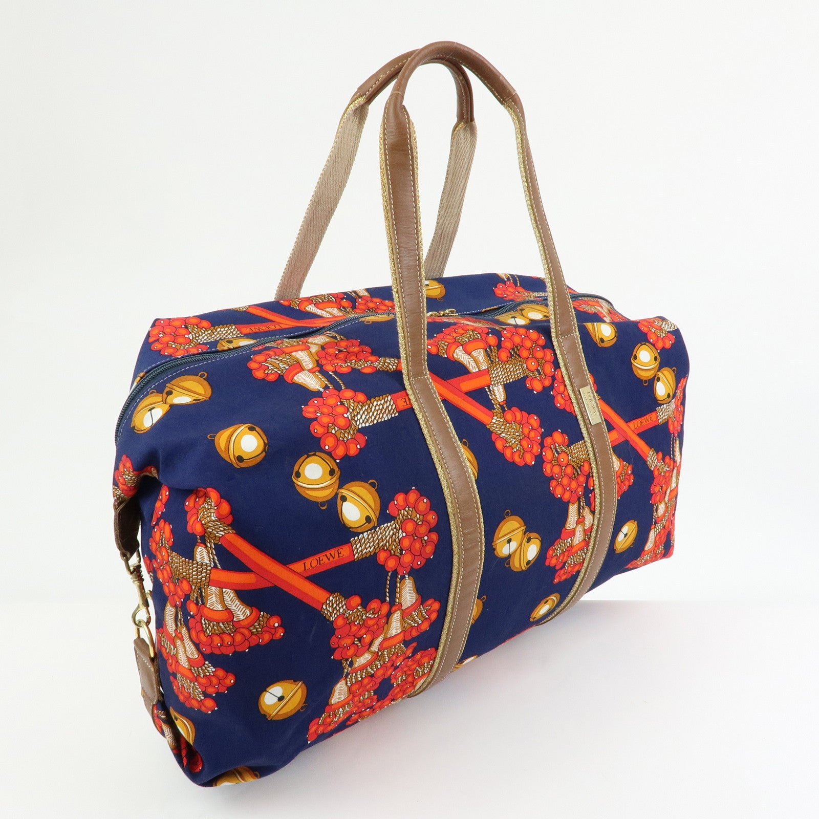 LOEWE Canvas Leather Boston Bag Travel Bag Navy Red Brown