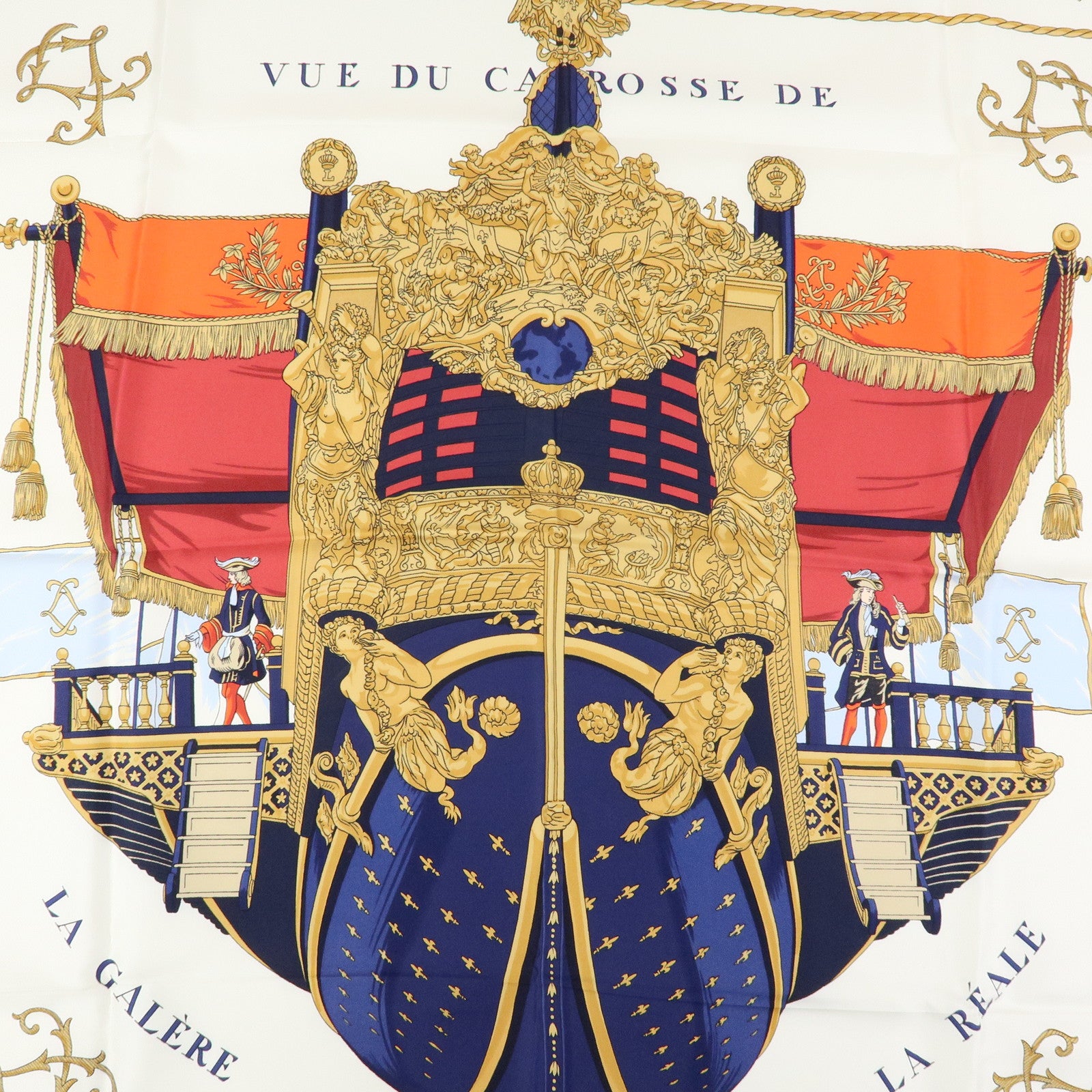 HERMES Carre 90 Silk 100% Scarf VUE DU CARROSSE DE LA GALERE White