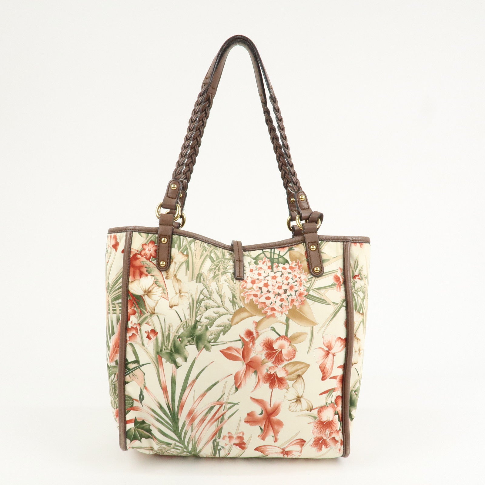 Ferragamo Gancini Leather Nylon Tote Bag Ivory Multicolor