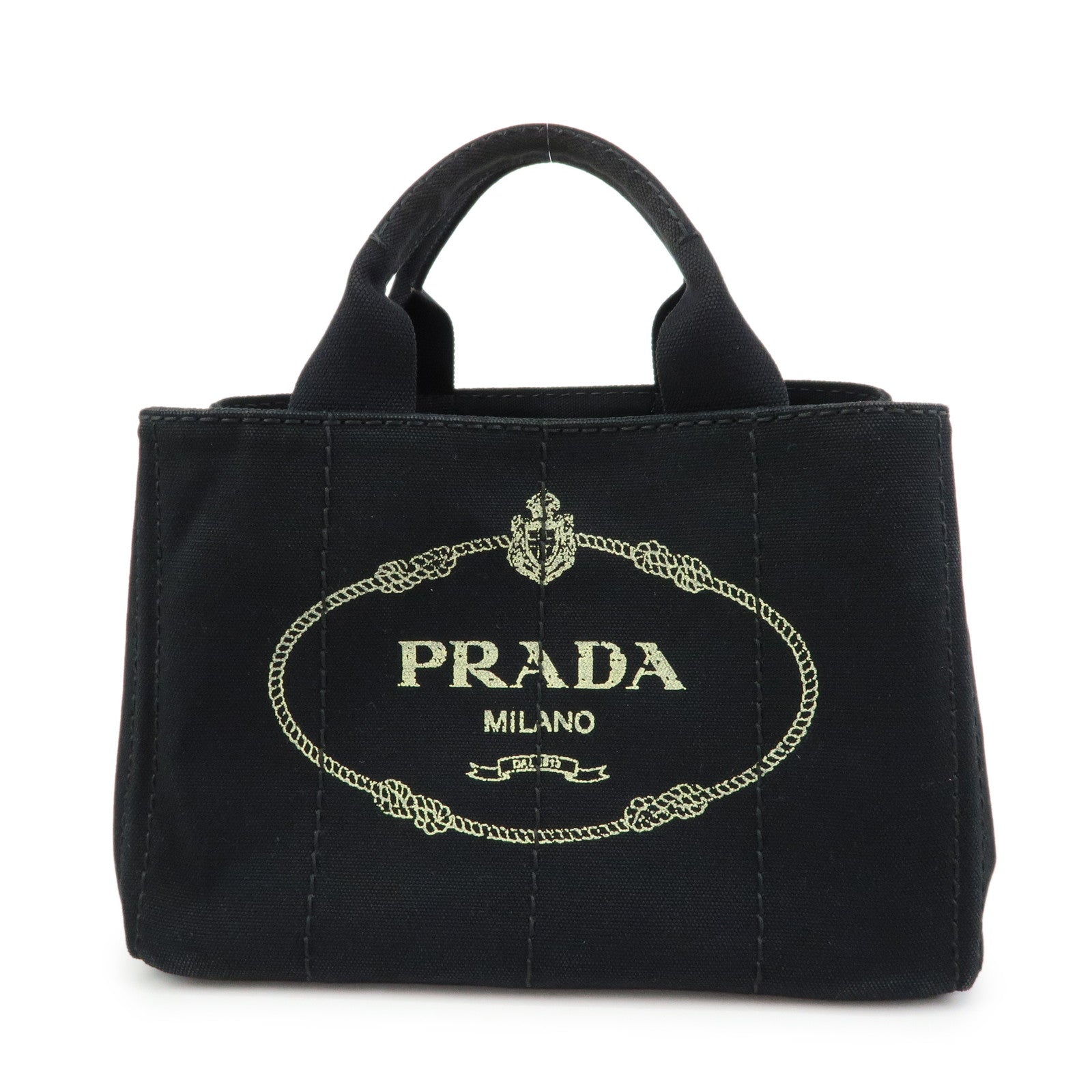PRADA Canapa Triangle Logo Canvas Tote Bag Hand Bag Black