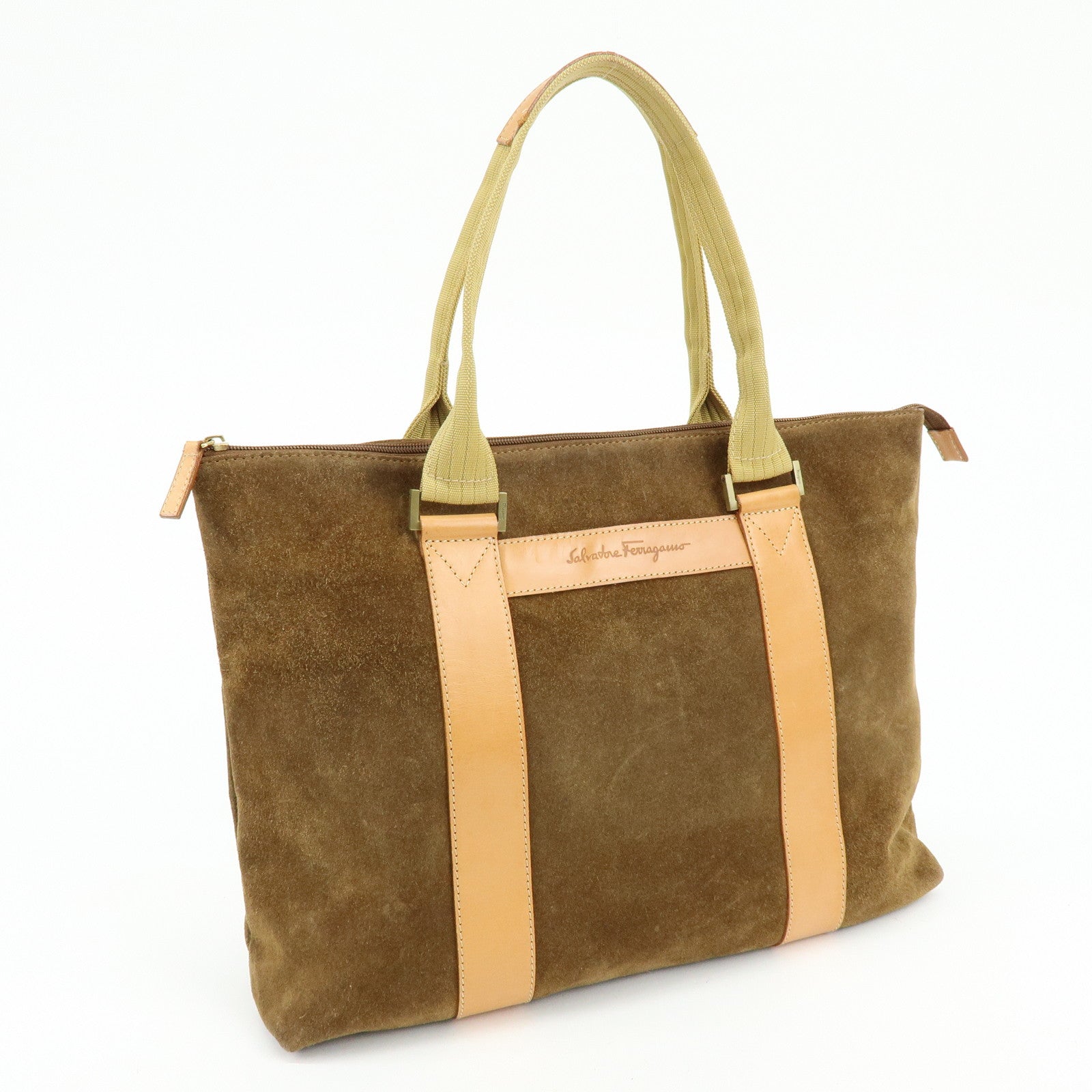 Ferragamo Suede Leather Tote Bag Shoulder Bag Hand Bag Brown