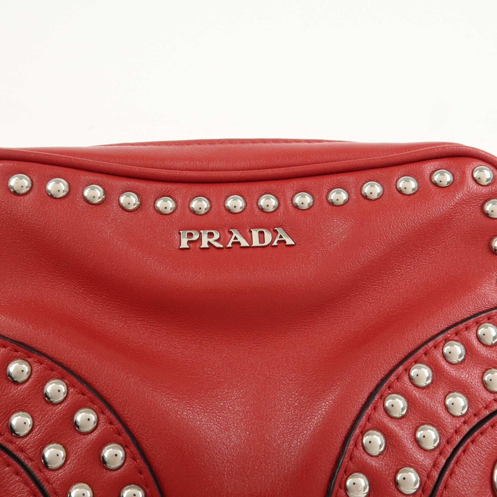 PRADA Logo Leather Mini Shoulder Bag Camera Bag Studs Red 1N1674