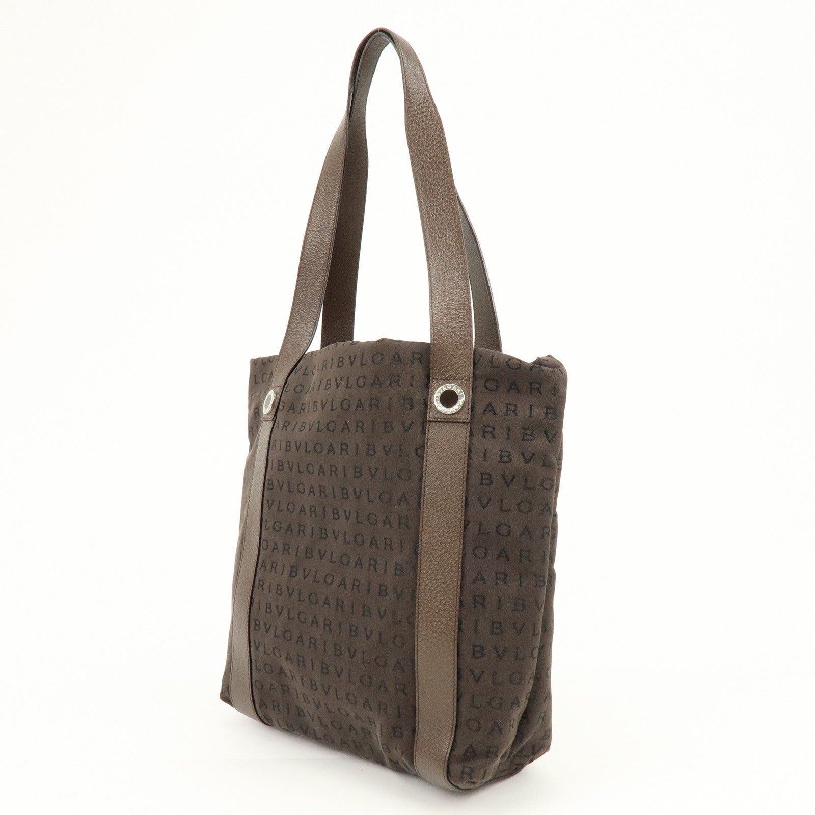 BVLGARI Logomania Canvas Leather Shoulder Bag Tote Bag Brown