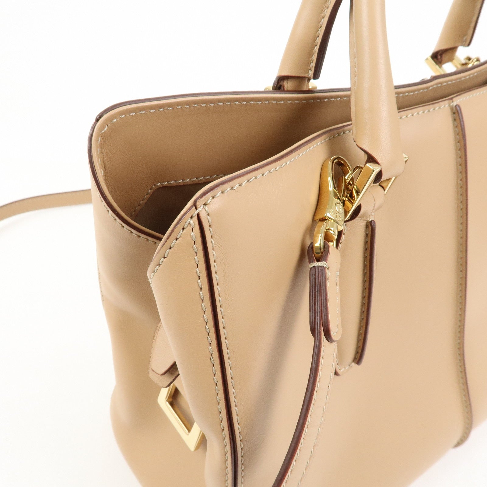 TOD’S Leather 2Way Bag Hand Bag Shoulder Bag Beige Gold